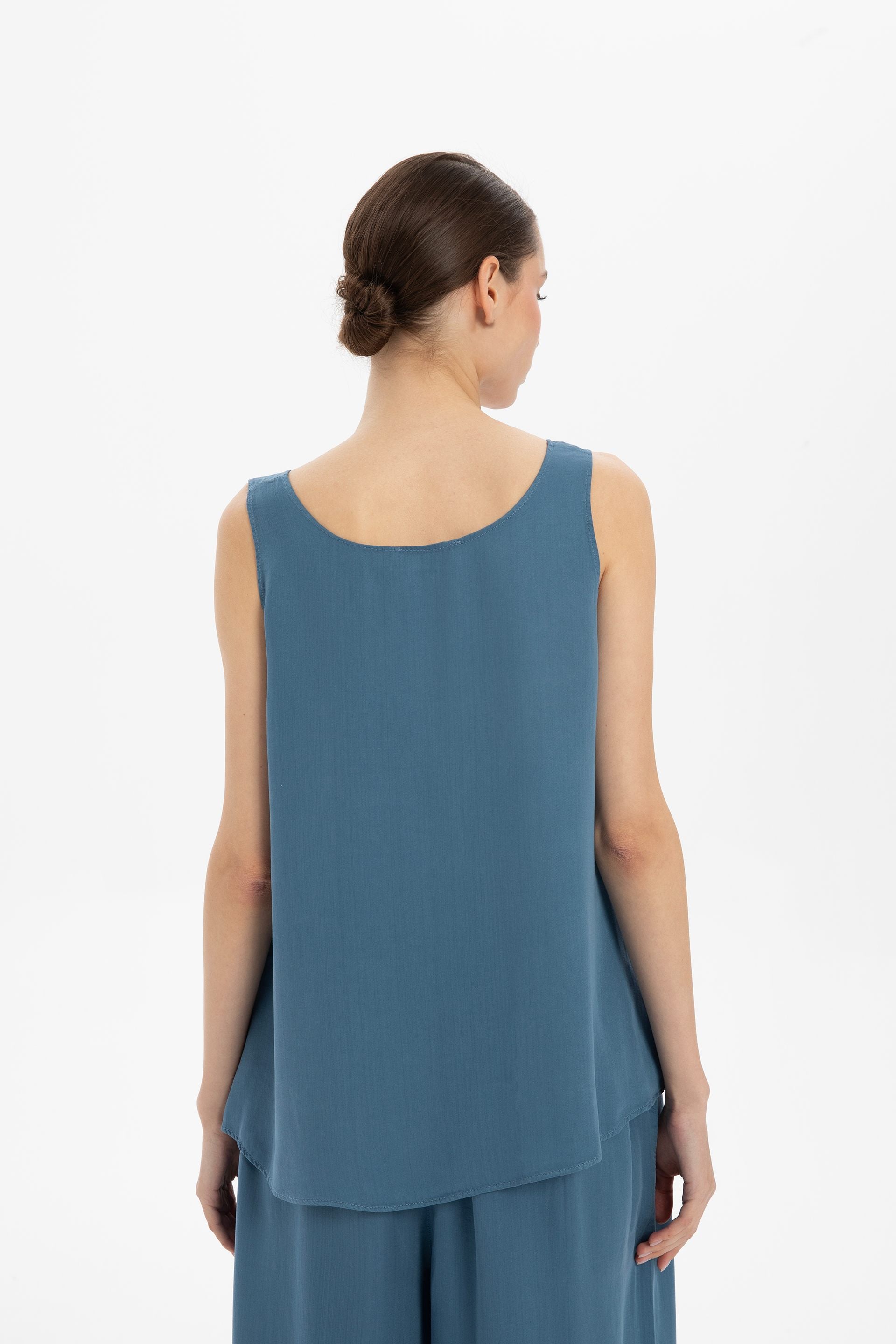 Dökümlü Askılı Tensel Bluz #renk_Indigo