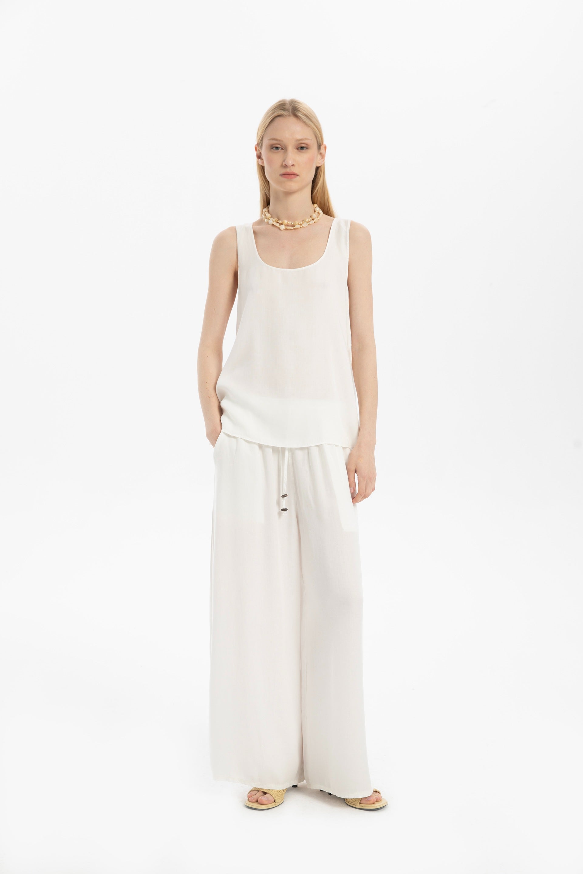 Tensel Dökümlü Palazzo Pantolon #renk_Ekru