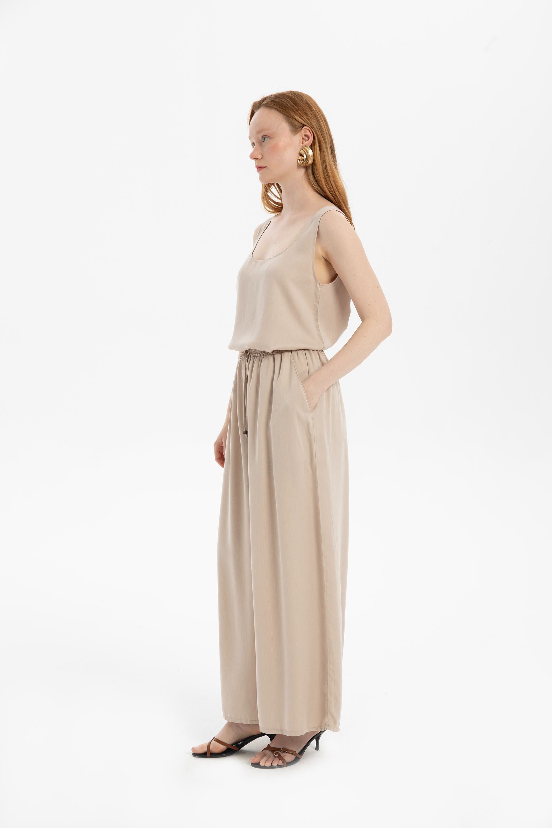 Tensel Dökümlü Palazzo Pantolon #renk_Flax