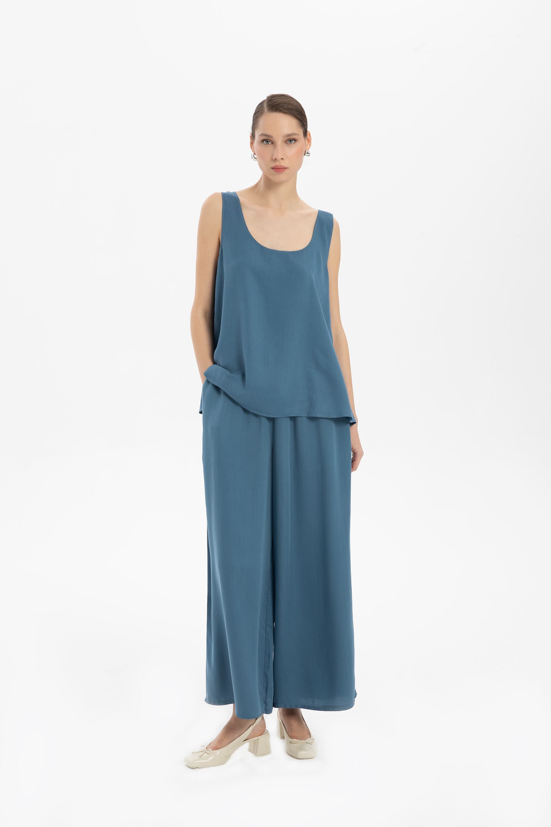 Tensel Dökümlü Palazzo Pantolon #renk_Indigo