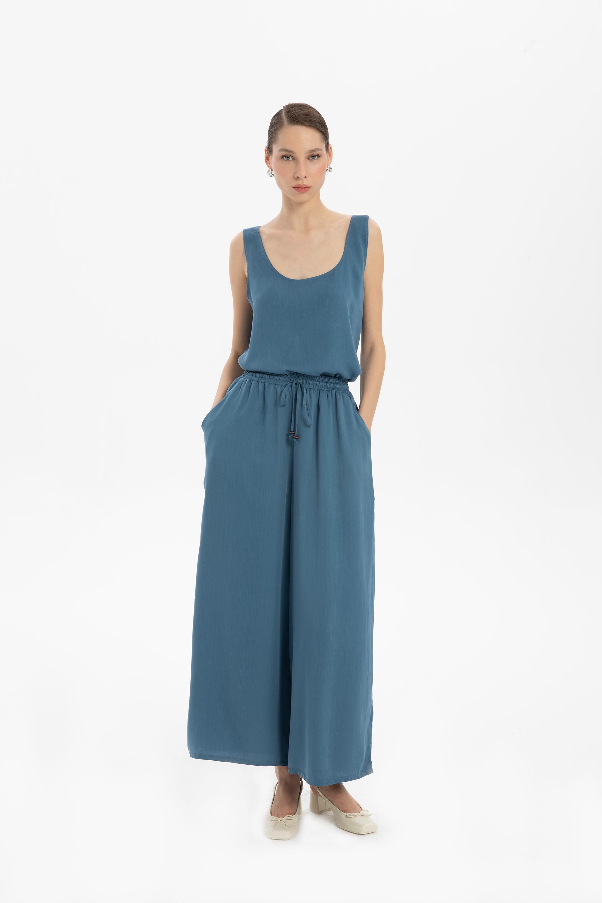 Tensel Dökümlü Palazzo Pantolon #renk_Indigo