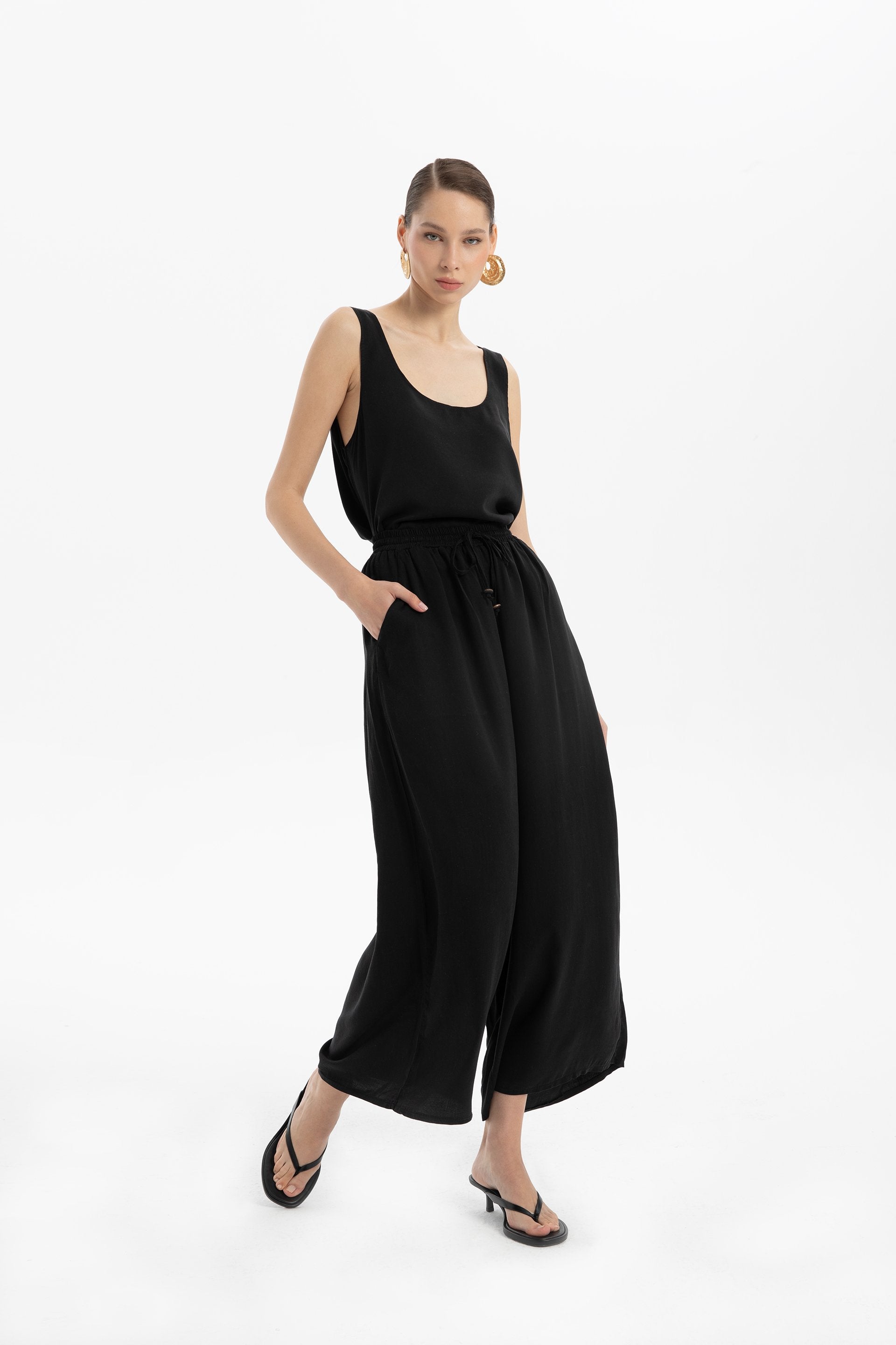Tensel Dökümlü Palazzo Pantolon #renk_Siyah