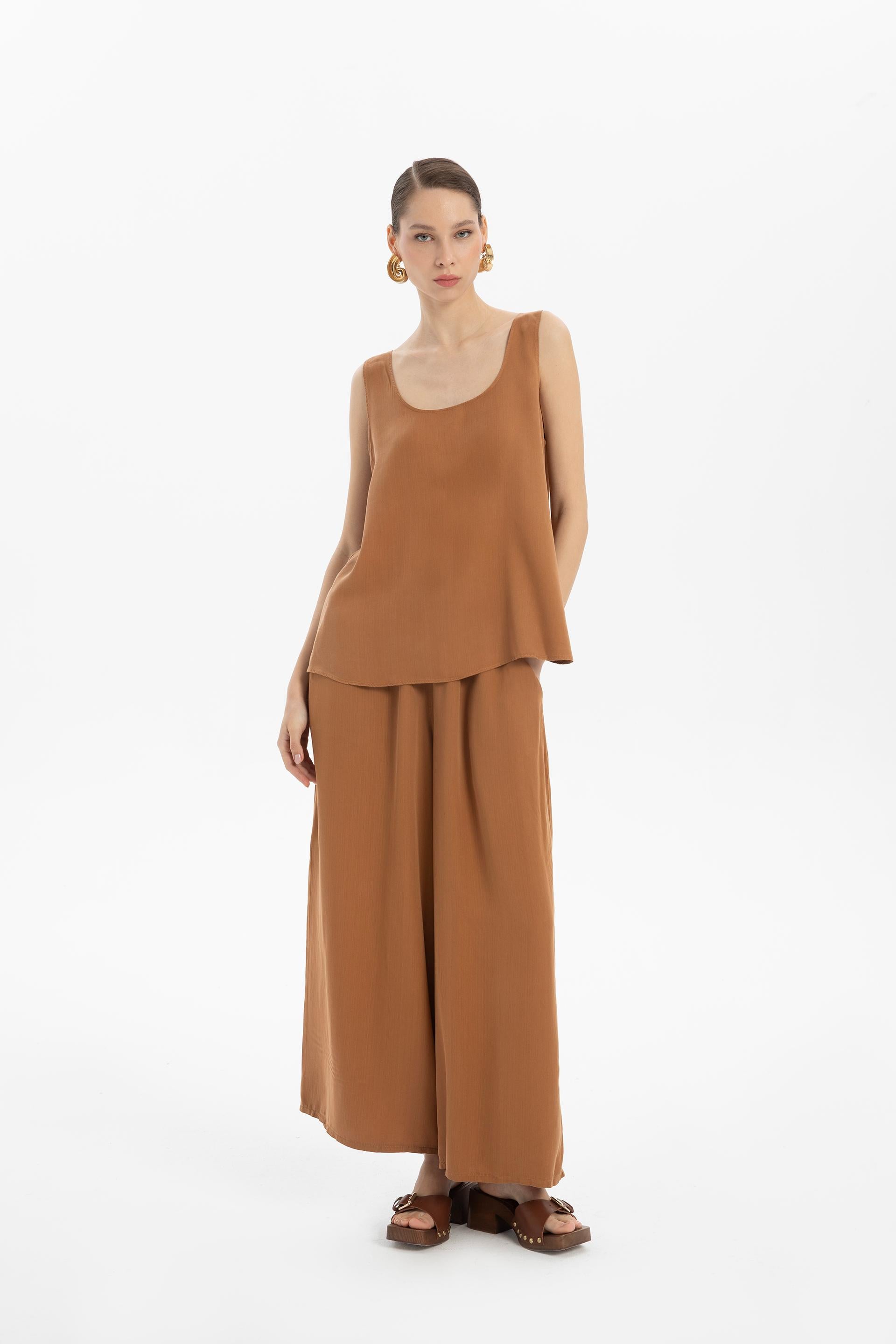 Tensel Dökümlü Palazzo Pantolon #renk_Terra Cotta