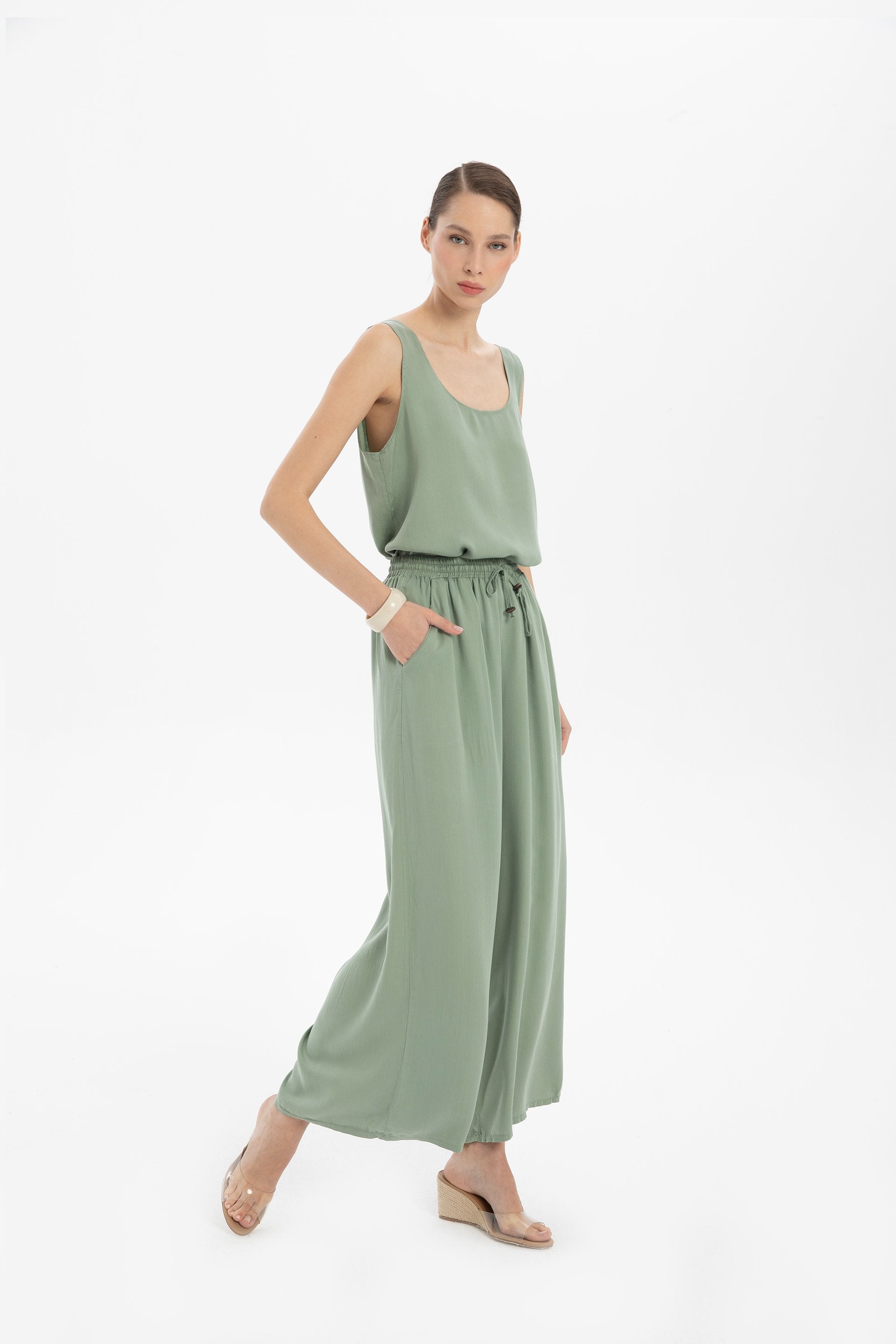 Tensel Dökümlü Palazzo Pantolon #renk_Yosun Yeşili