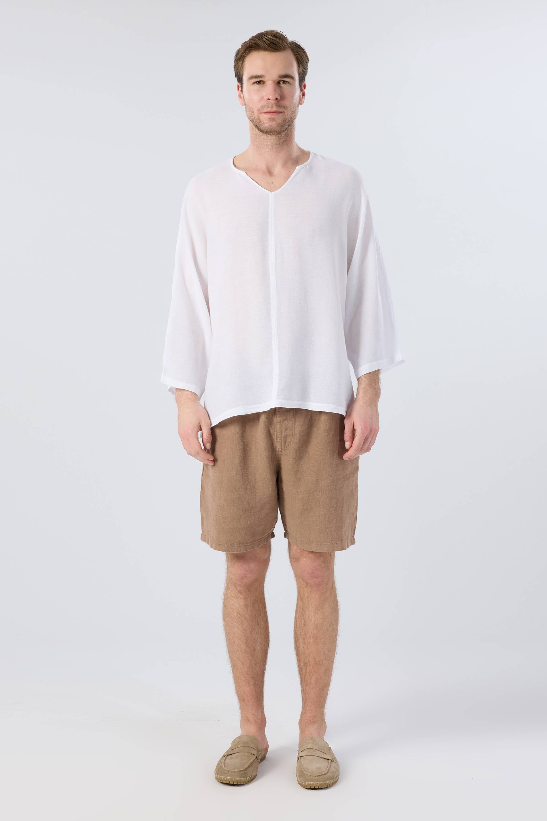 Keten Viskon Yarasa Kesim Erkek Tişört #renk_Beyaz