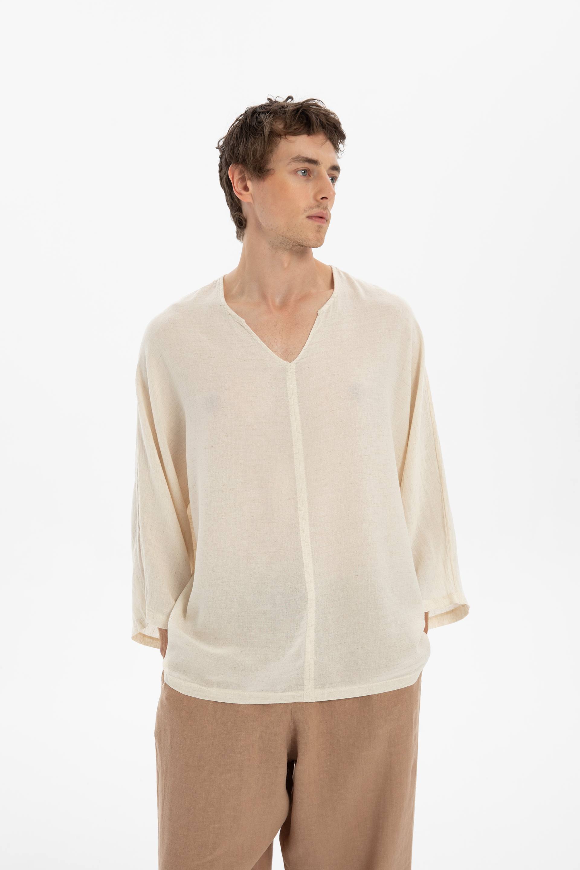 Keten Karışımlı Yarasa Kesim Erkek Tişört #renk_Doğal