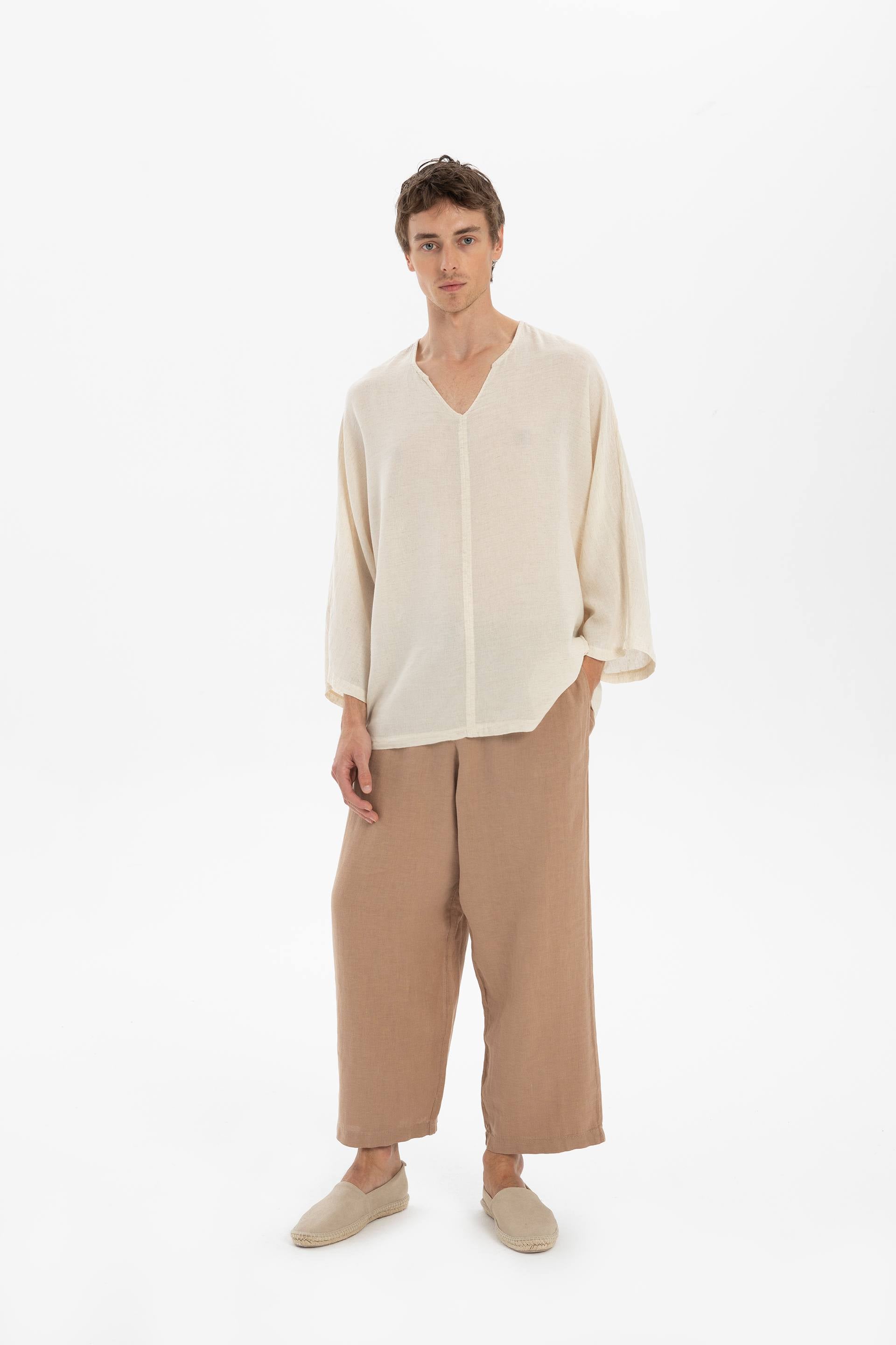 Keten Karışımlı Yarasa Kesim Erkek Tişört #renk_Doğal