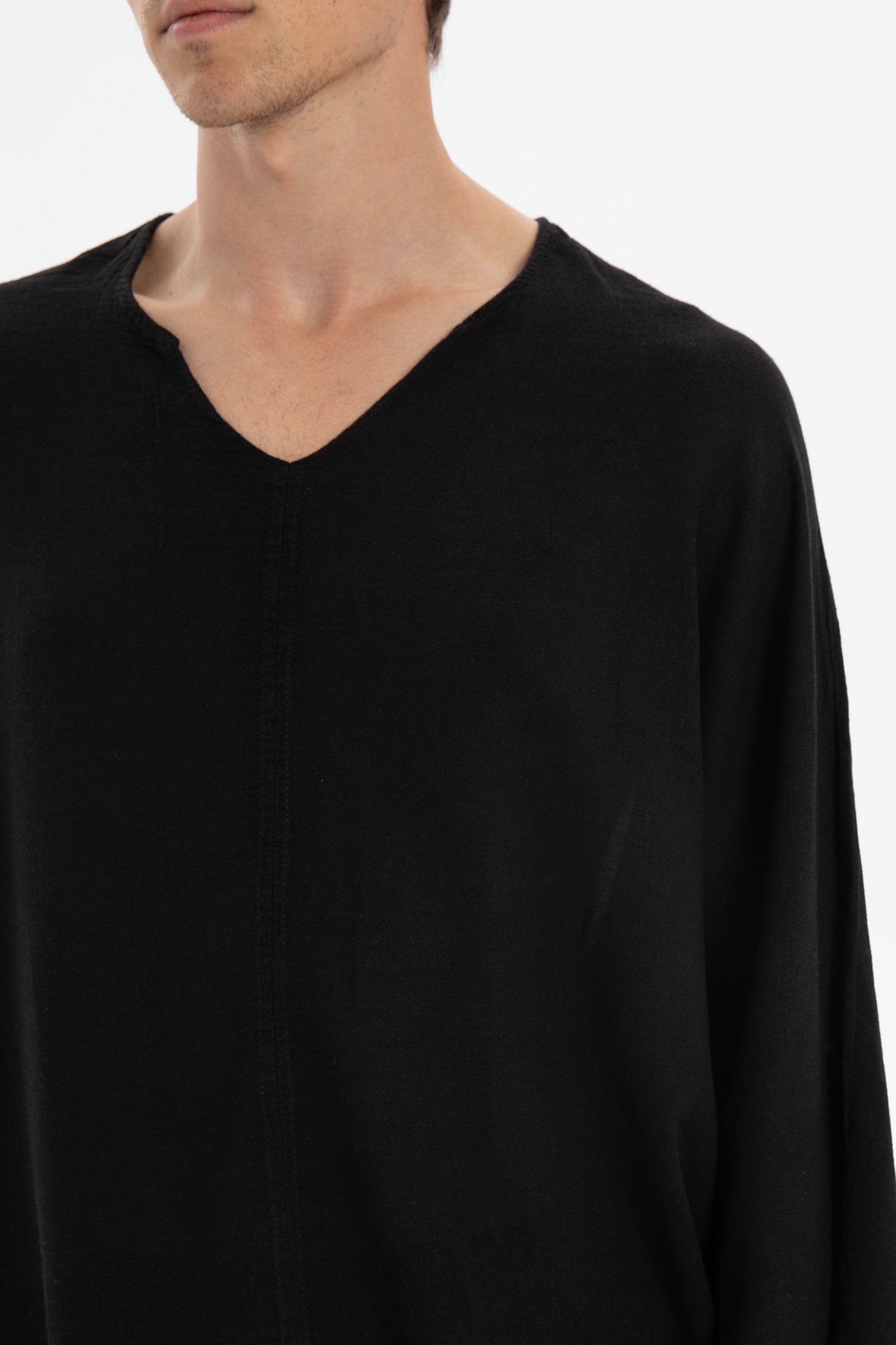 Keten Karışımlı Yarasa Kesim Erkek Tişört #renk_Siyah