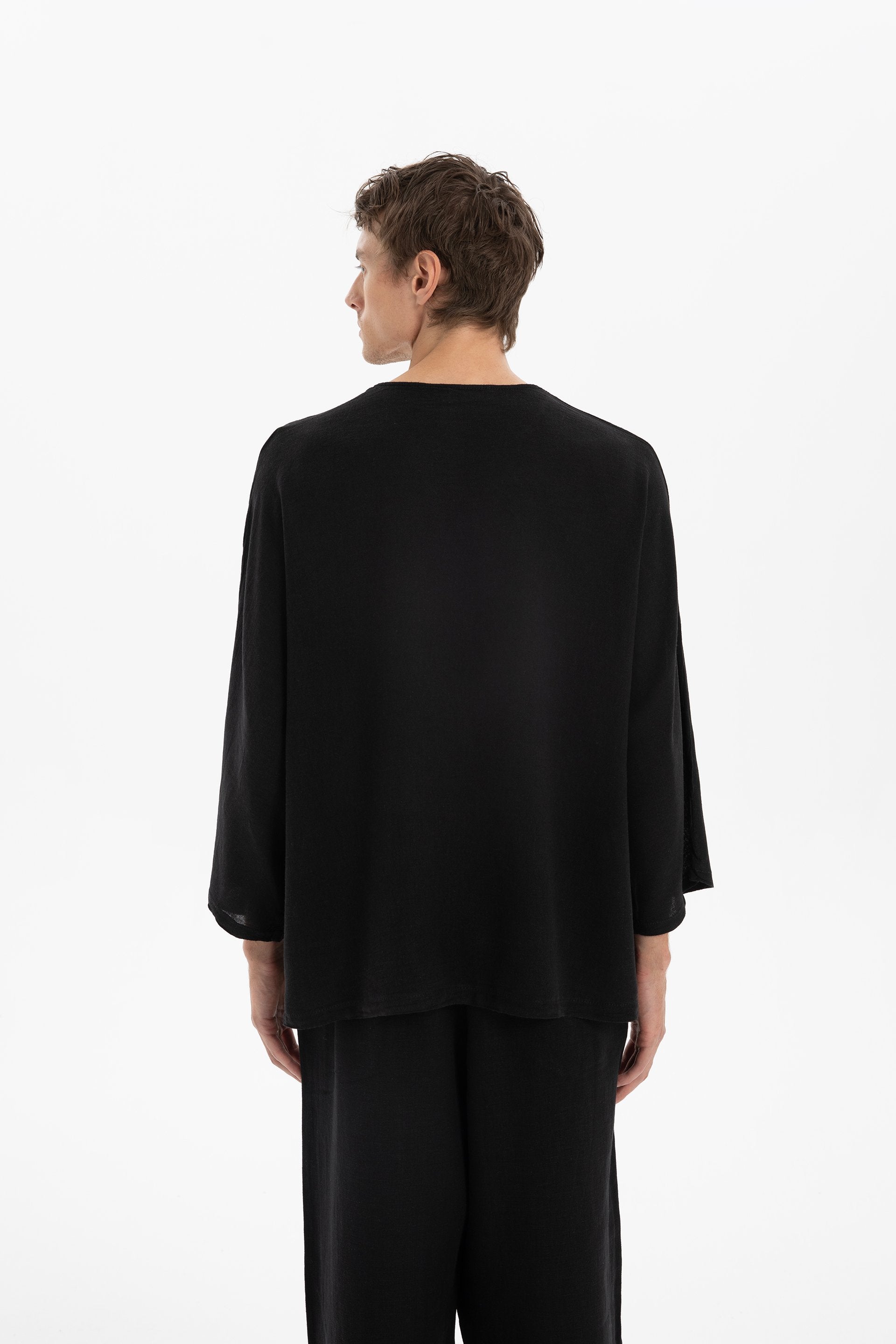 Keten Karışımlı Yarasa Kesim Erkek Tişört #renk_Siyah