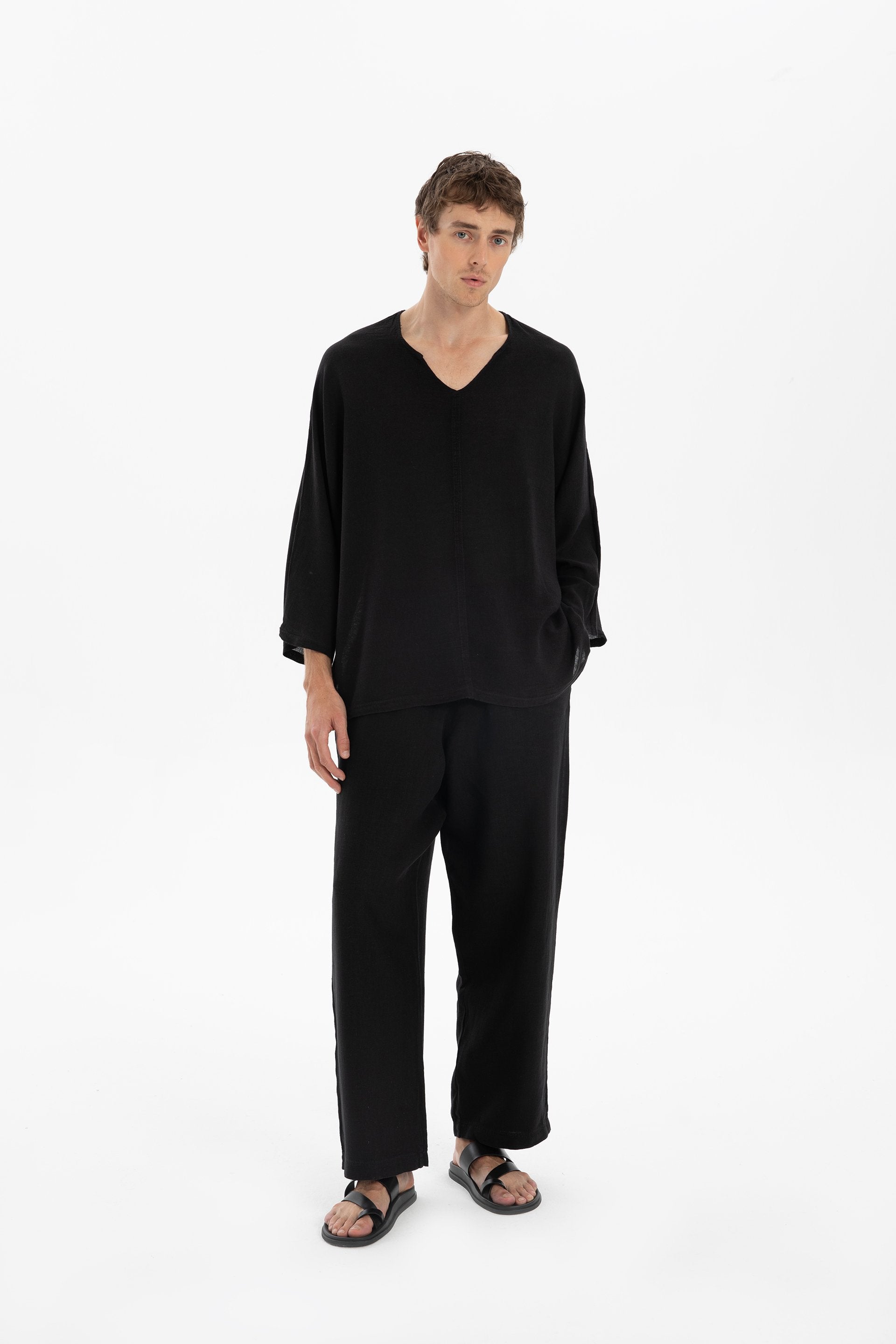 Keten Karışımlı Yarasa Kesim Erkek Tişört #renk_Siyah