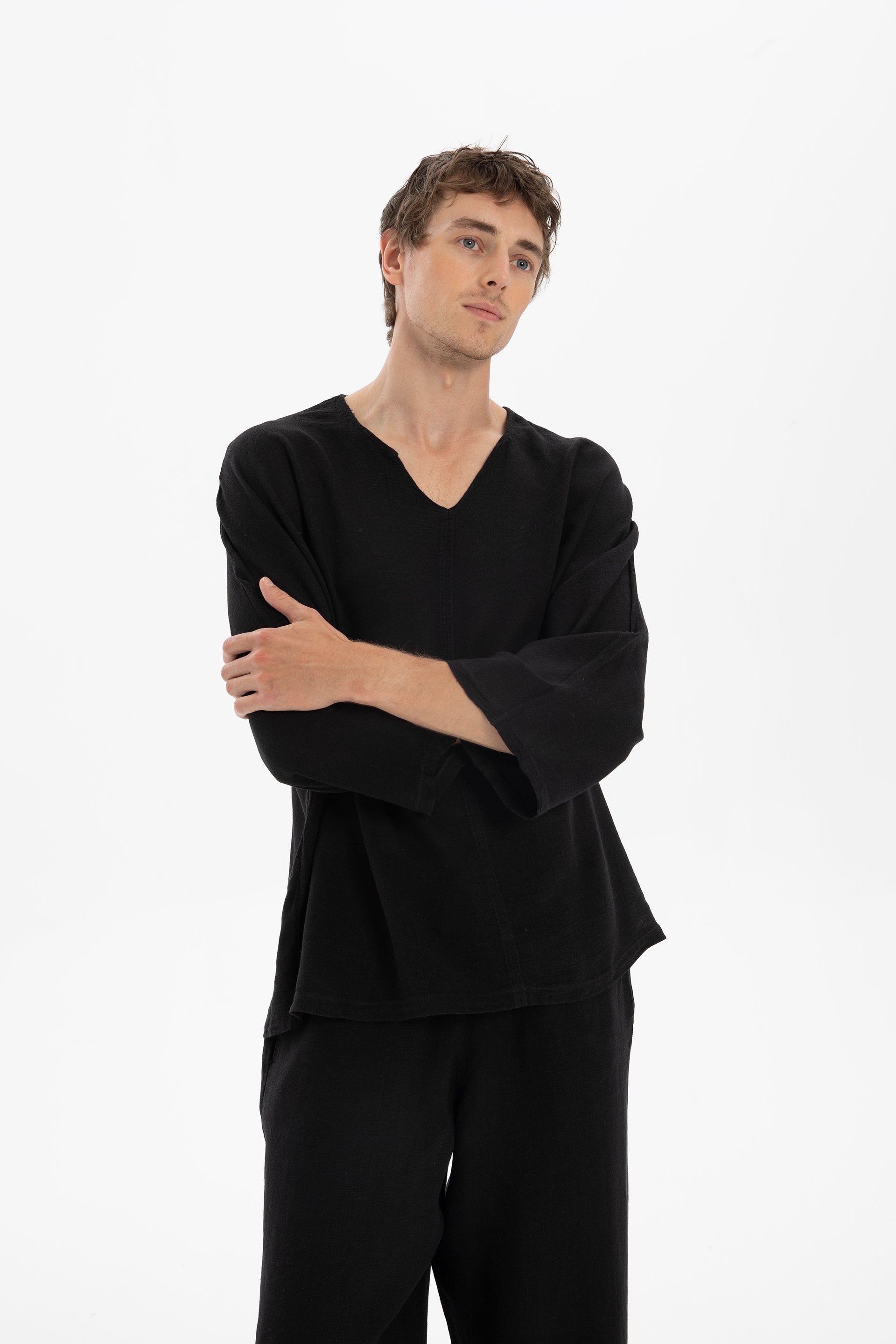 Keten Karışımlı Yarasa Kesim Erkek Tişört #renk_Siyah