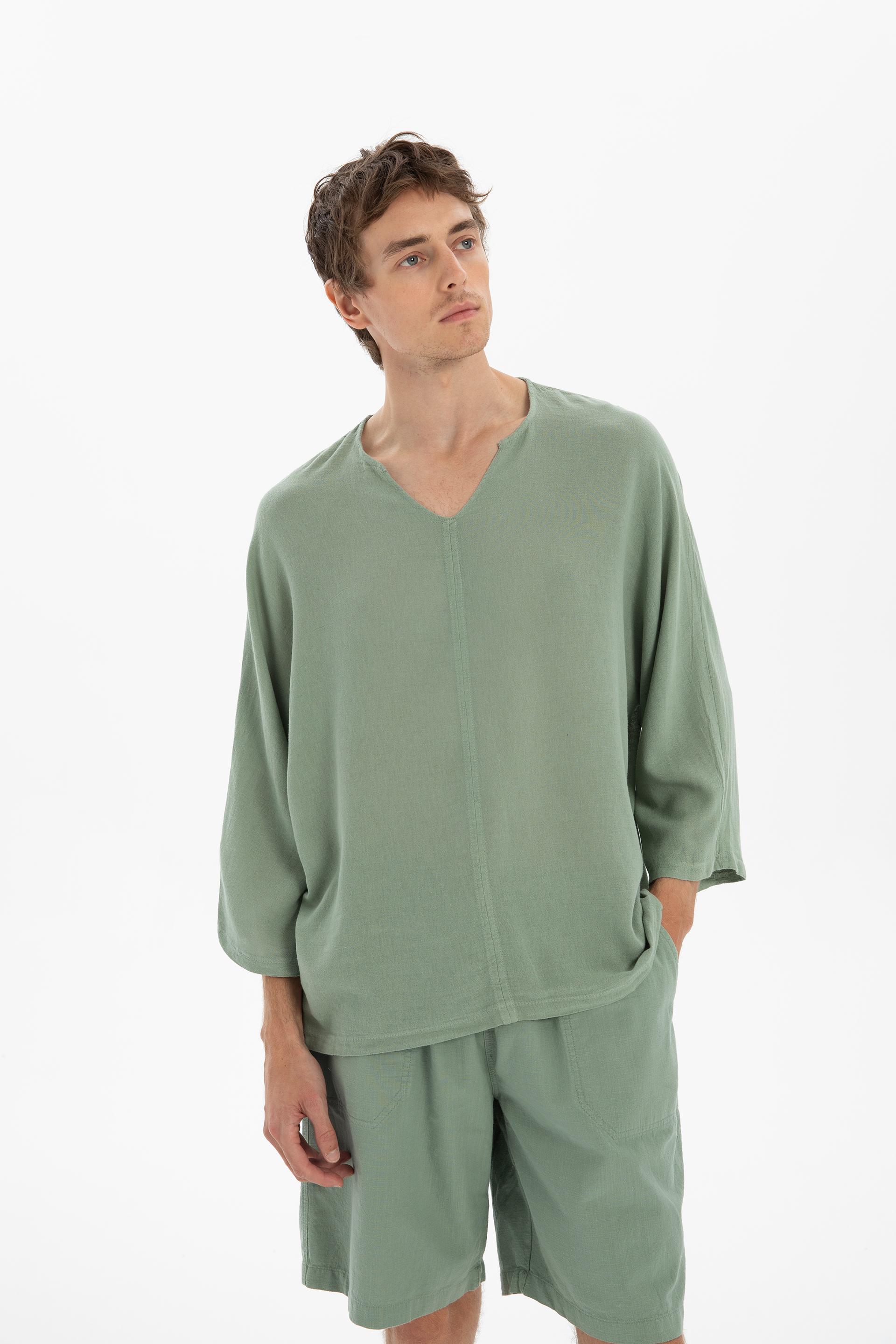 Keten Karışımlı Yarasa Kesim Erkek Tişört #renk_Yosun Yeşili