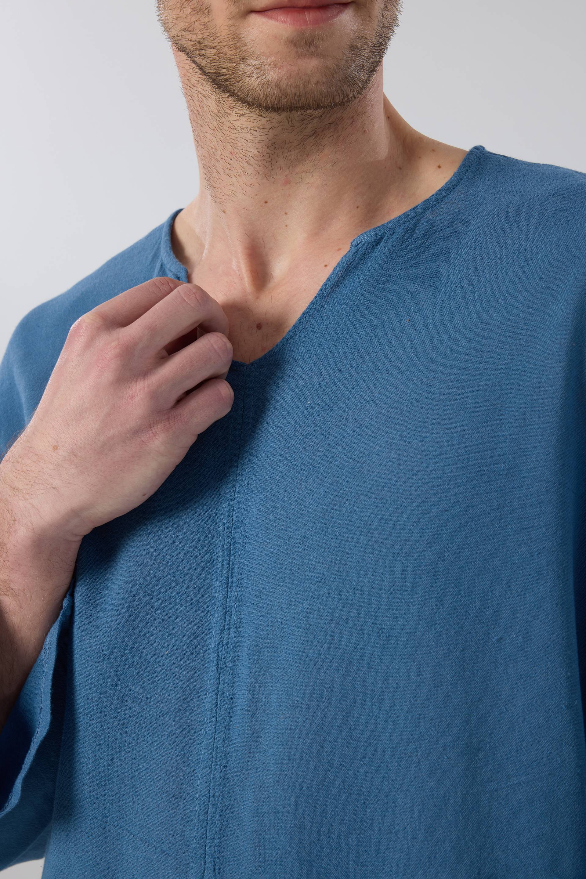 Keten Viskon Yarasa Kesim Erkek Tişört #renk_Indigo