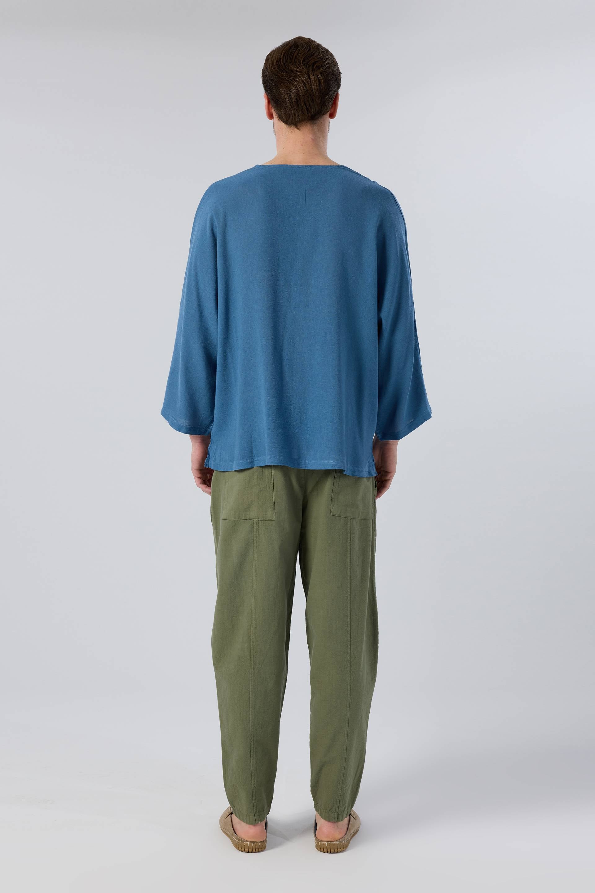 Keten Viskon Yarasa Kesim Erkek Tişört #renk_Indigo