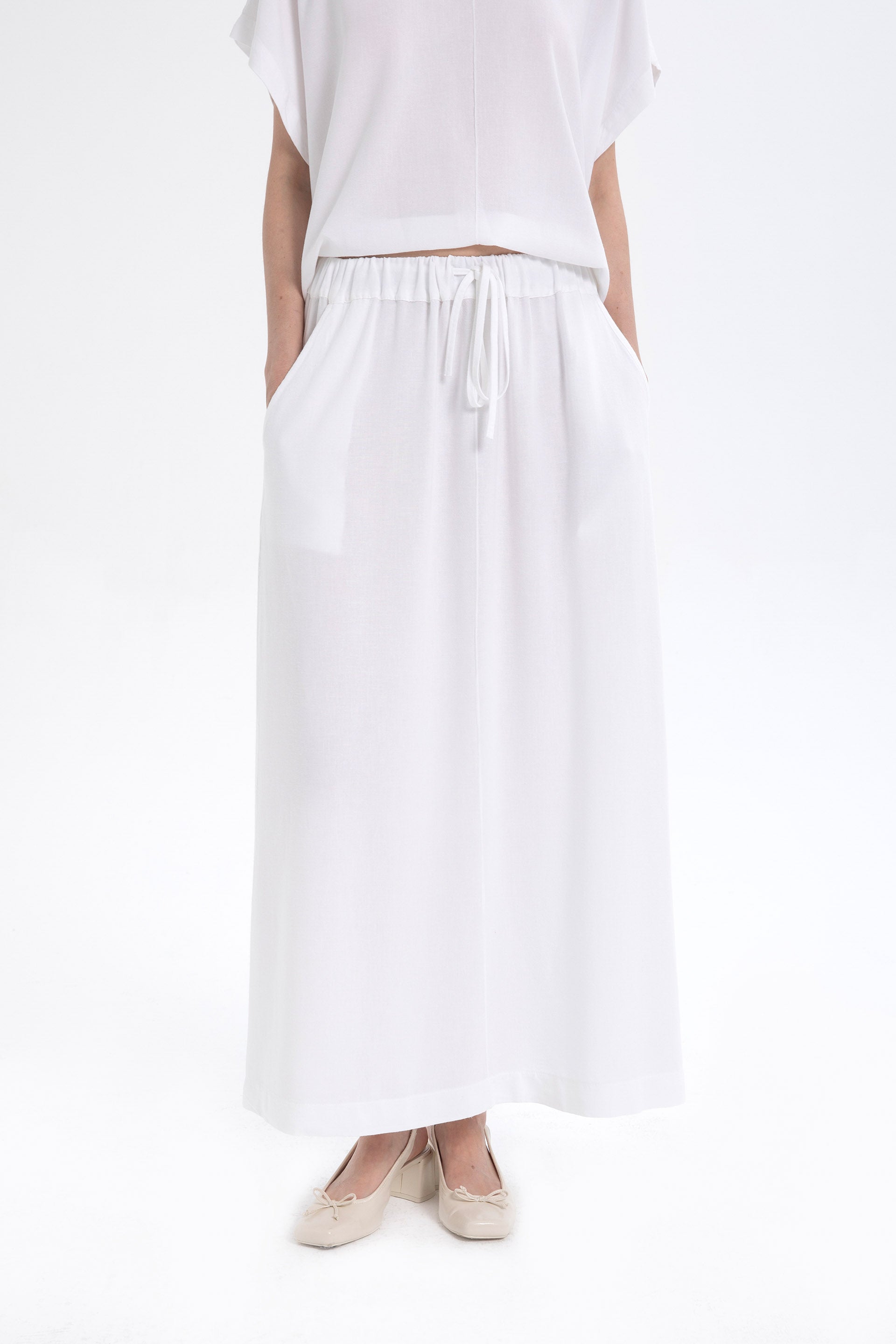 Keten Karışımlı A Kesim Midi Etek #renk_Beyaz