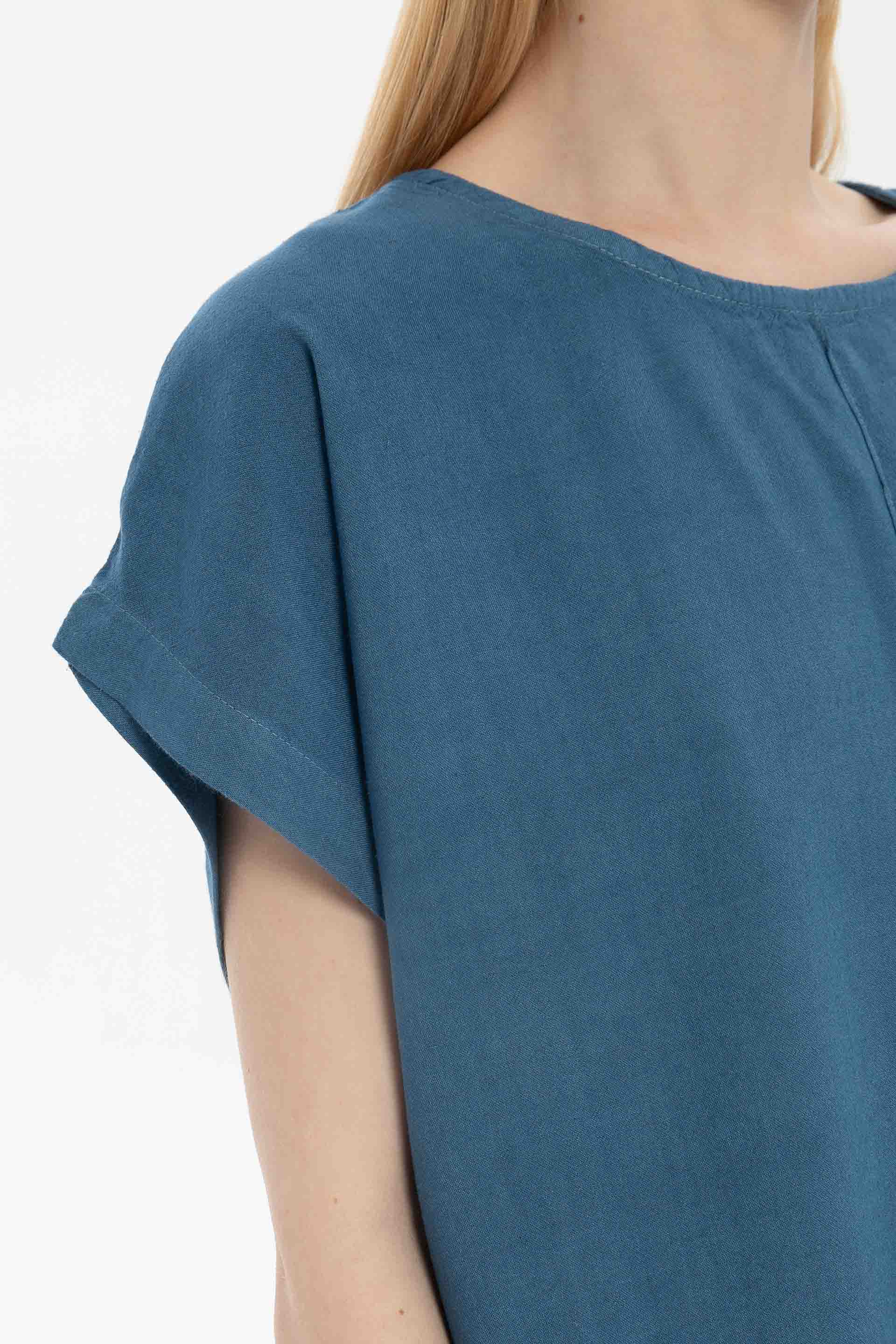 Keten Karışımlı Dikiş Detaylı Kadın Bluz #renk_Indigo