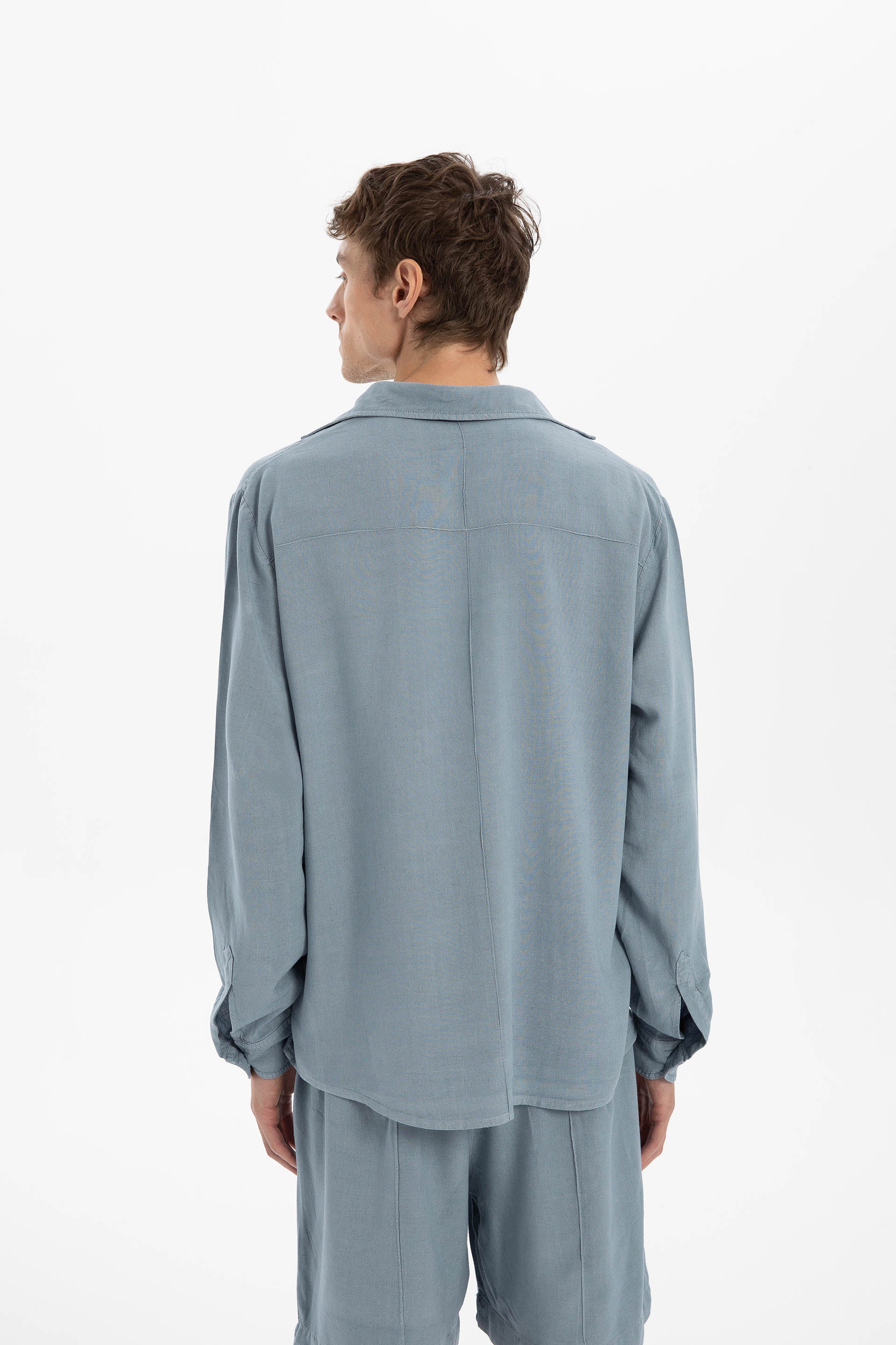 Keten Karışımlı Cep Detaylı Klasik Erkek Gömlek #renk_Buz Mavi