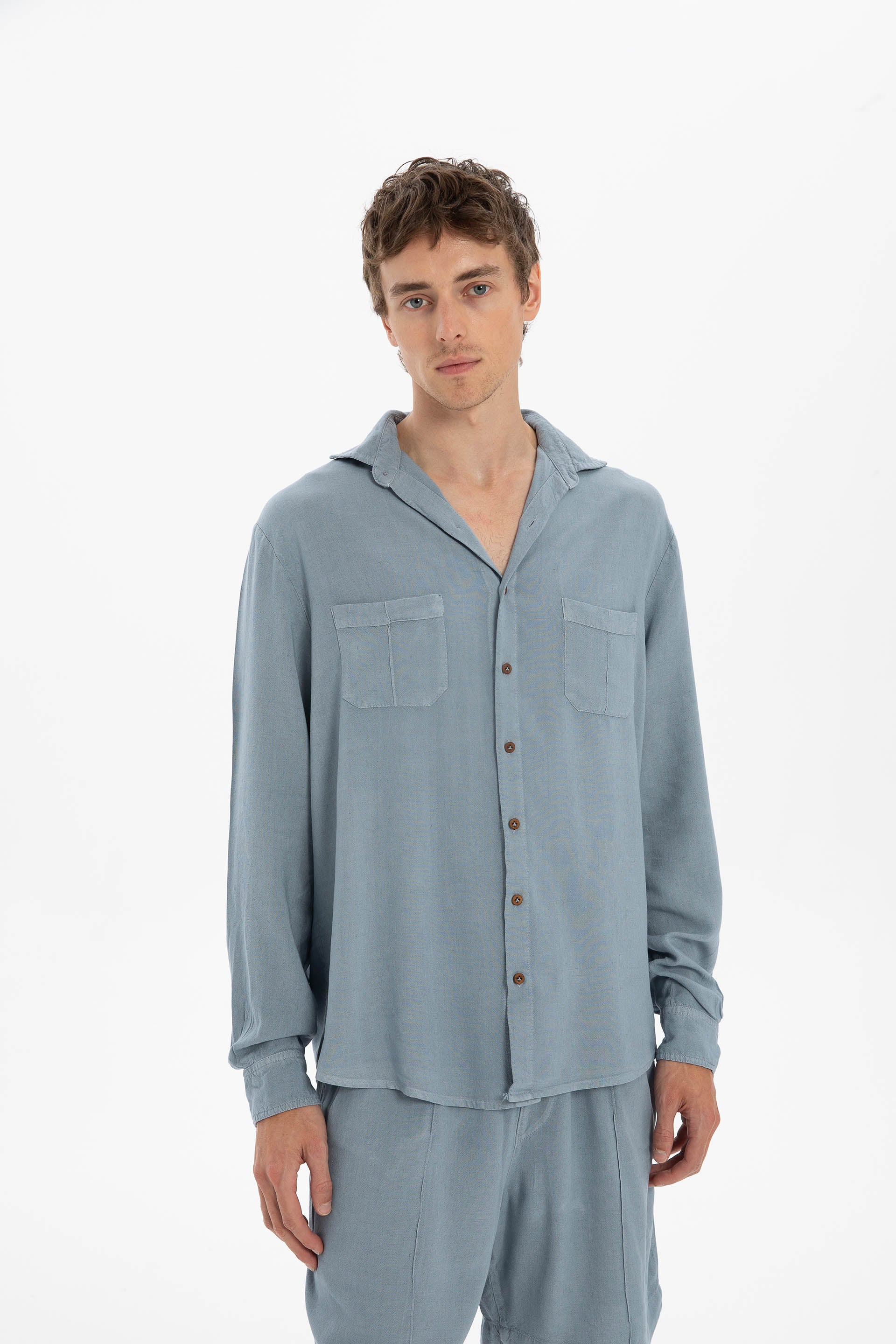 Keten Karışımlı Cep Detaylı Klasik Erkek Gömlek #renk_Buz Mavi