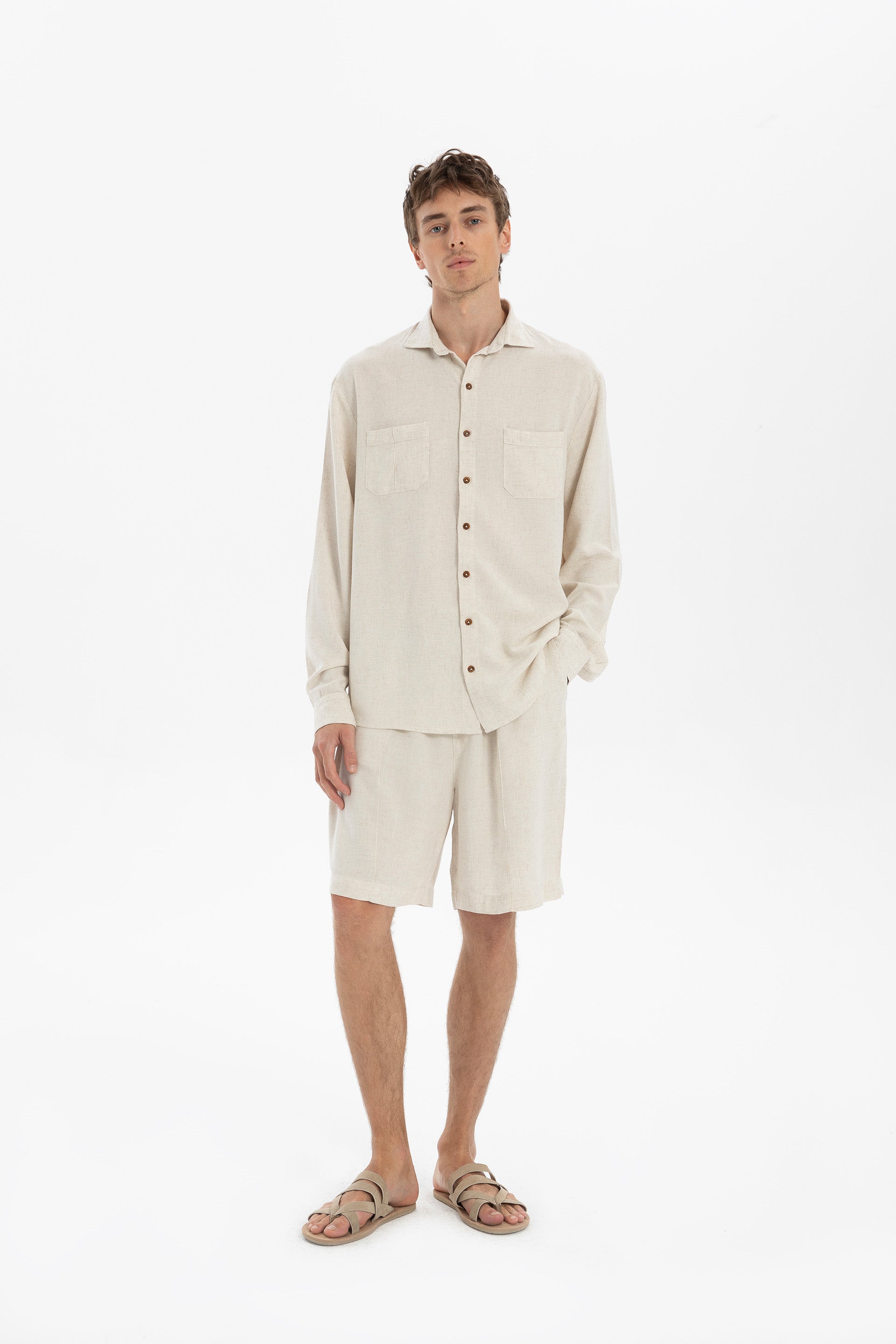 Keten Karışımlı Cep Detaylı Klasik Erkek Gömlek #renk_Doğal