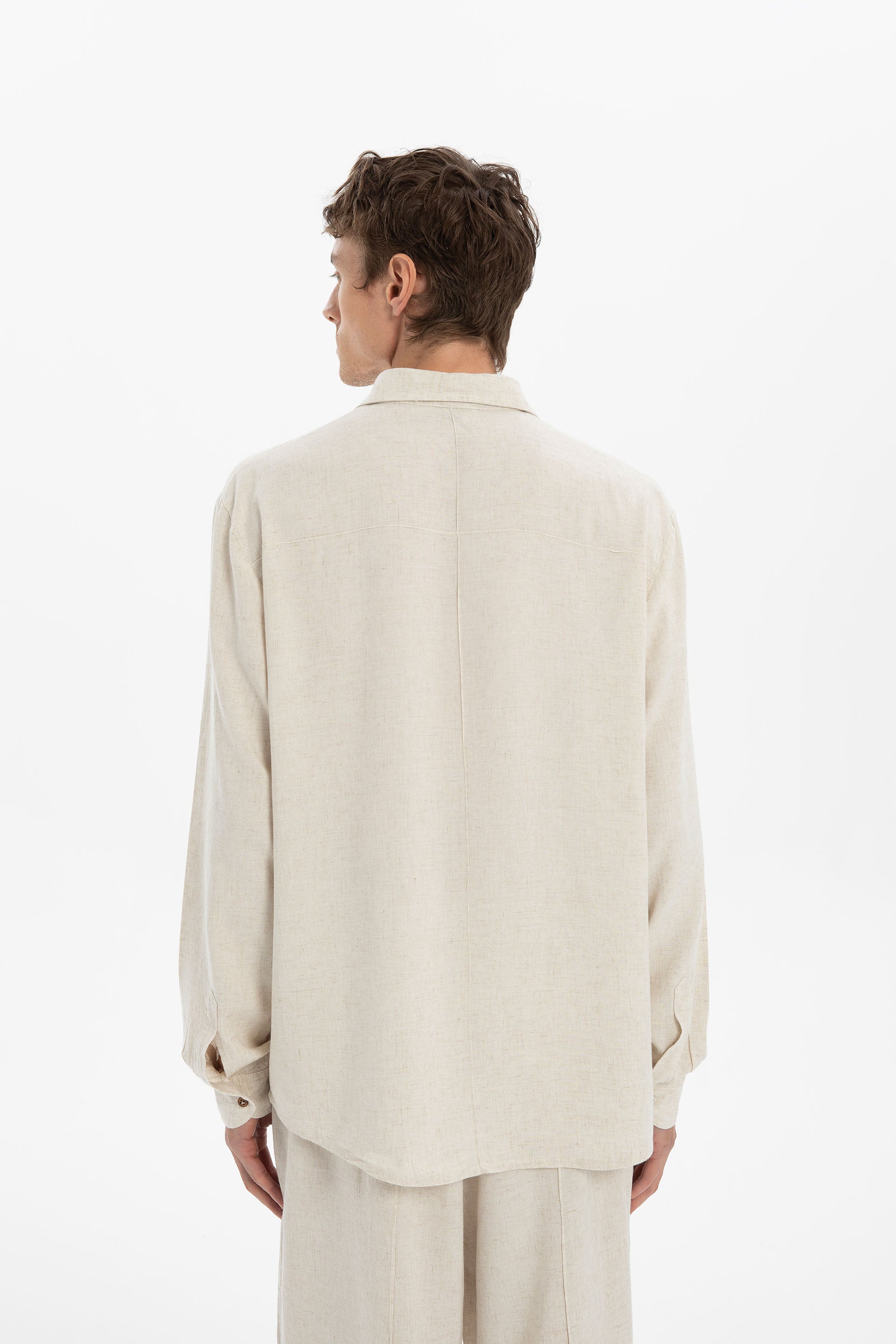Keten Karışımlı Cep Detaylı Klasik Erkek Gömlek #renk_Doğal