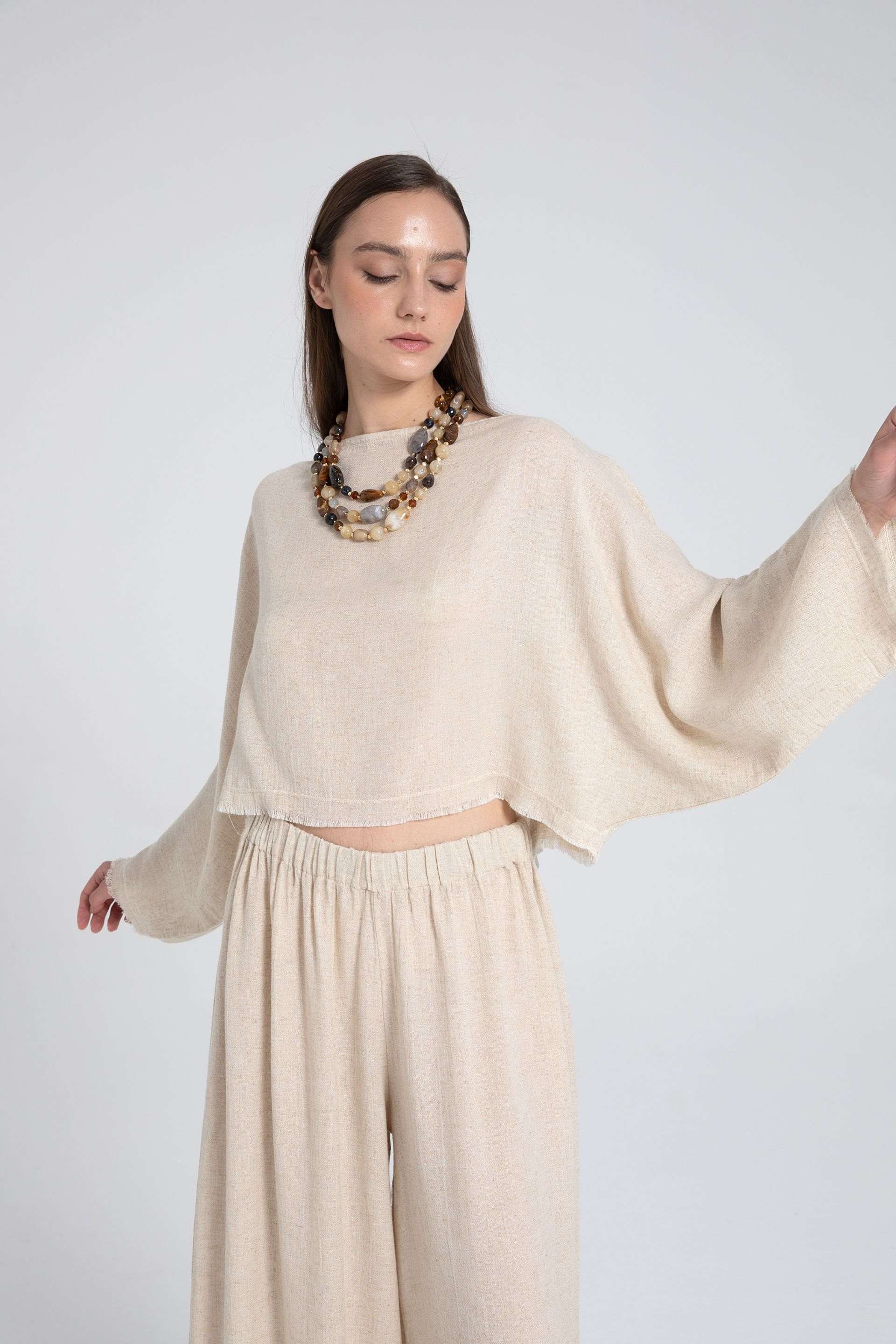 Tencel Keten Yumuşak Dokulu Yarasa Kol Bluz