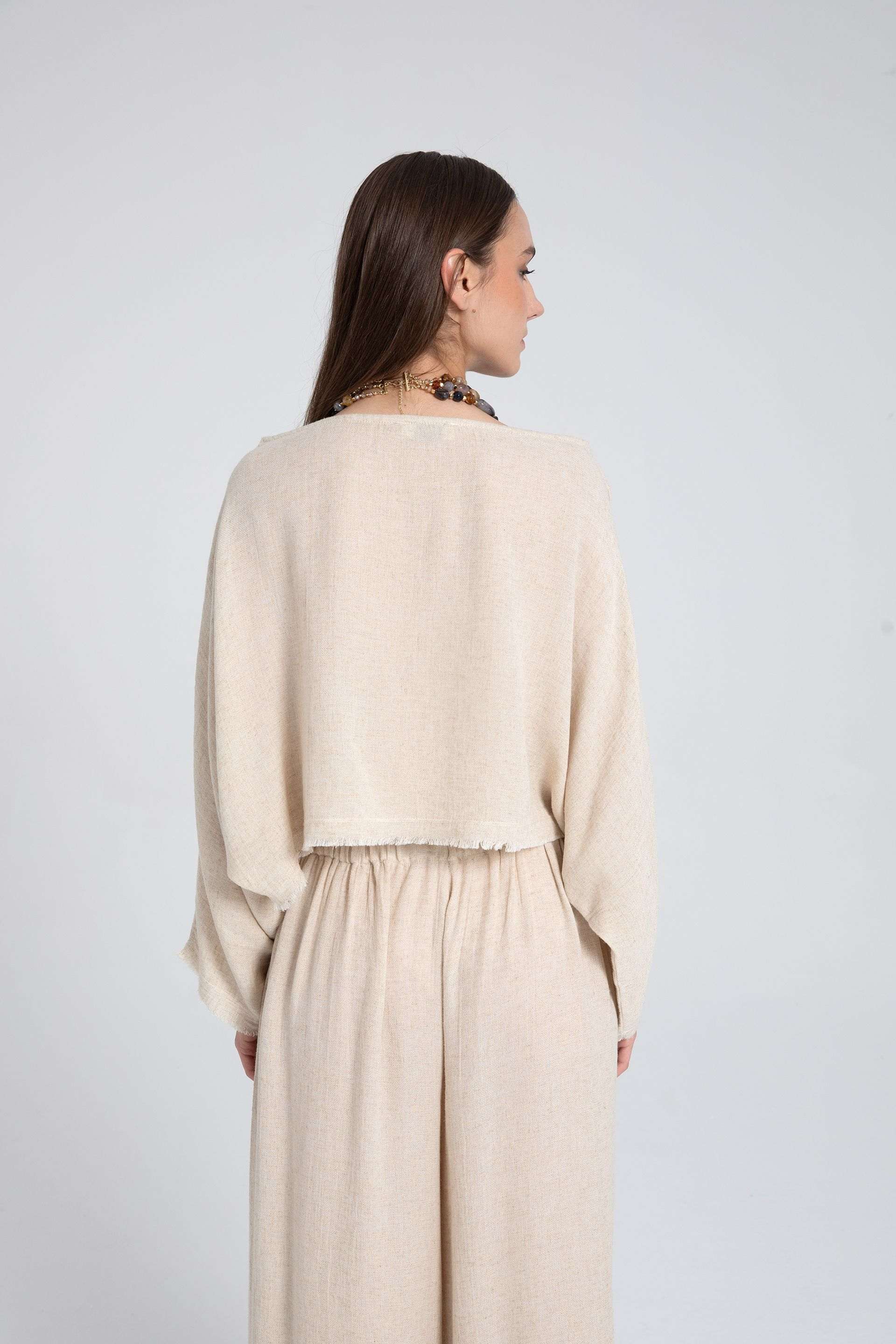 Tencel Keten Yumuşak Dokulu Yarasa Kol Bluz