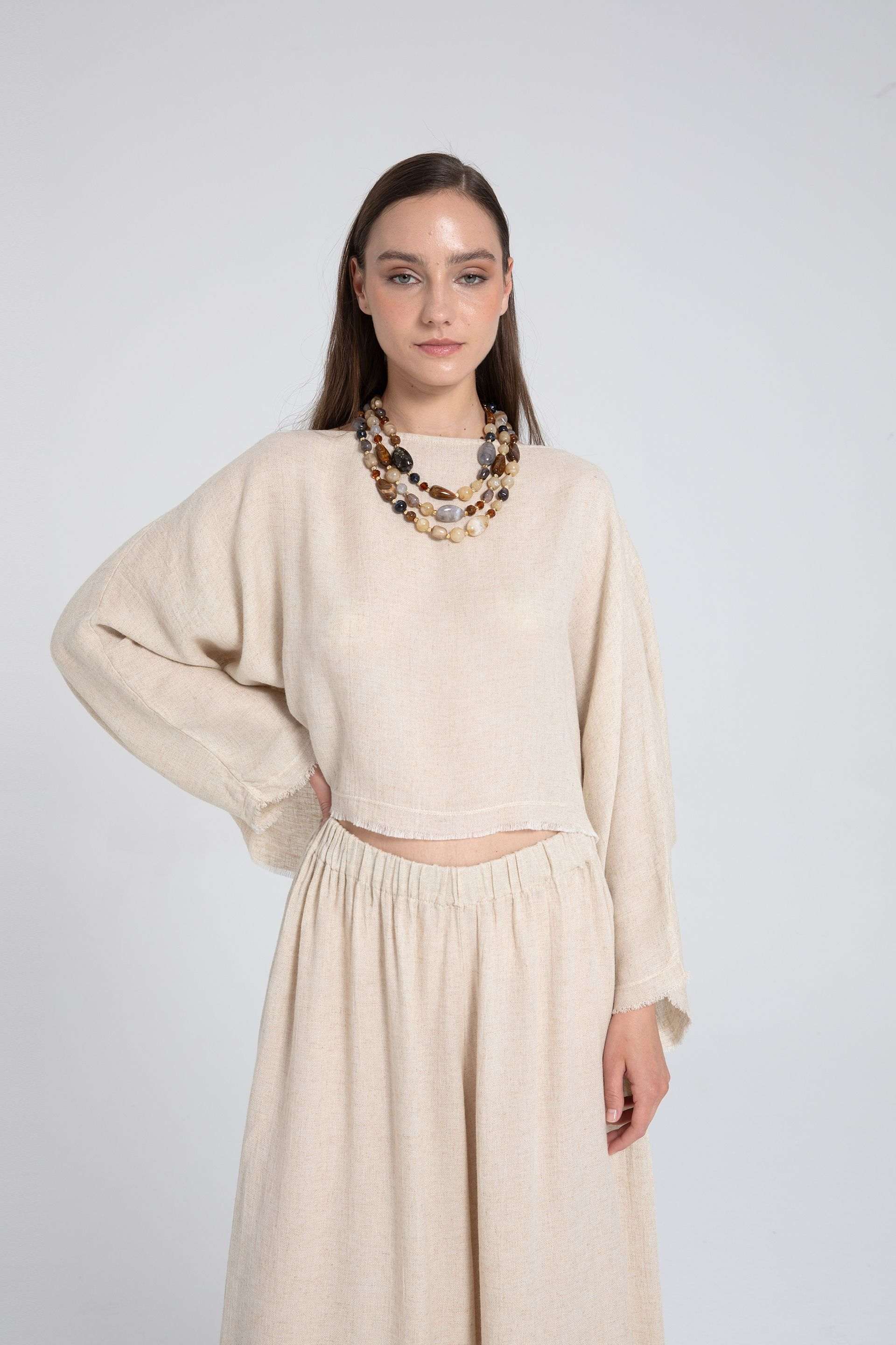 Tencel Keten Yumuşak Dokulu Yarasa Kol Bluz
