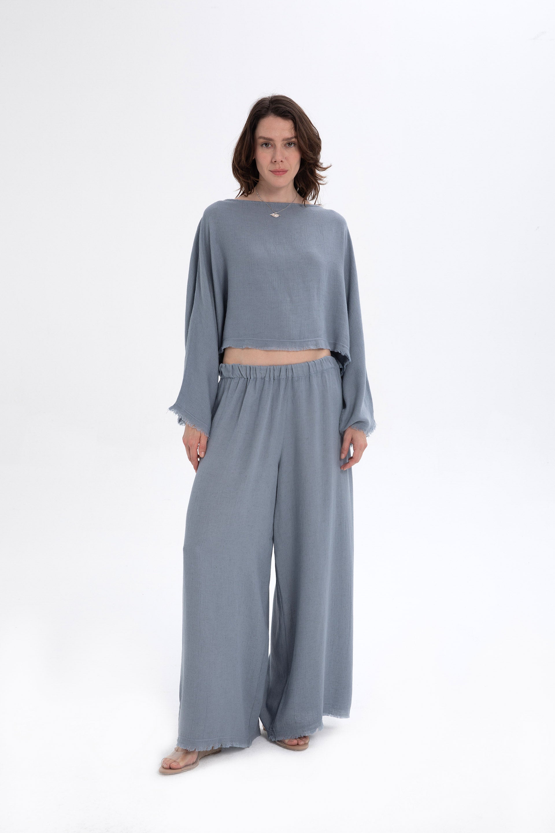 Natural Dokulu Rahat Kadın Pantolon #renk_Buz Mavi