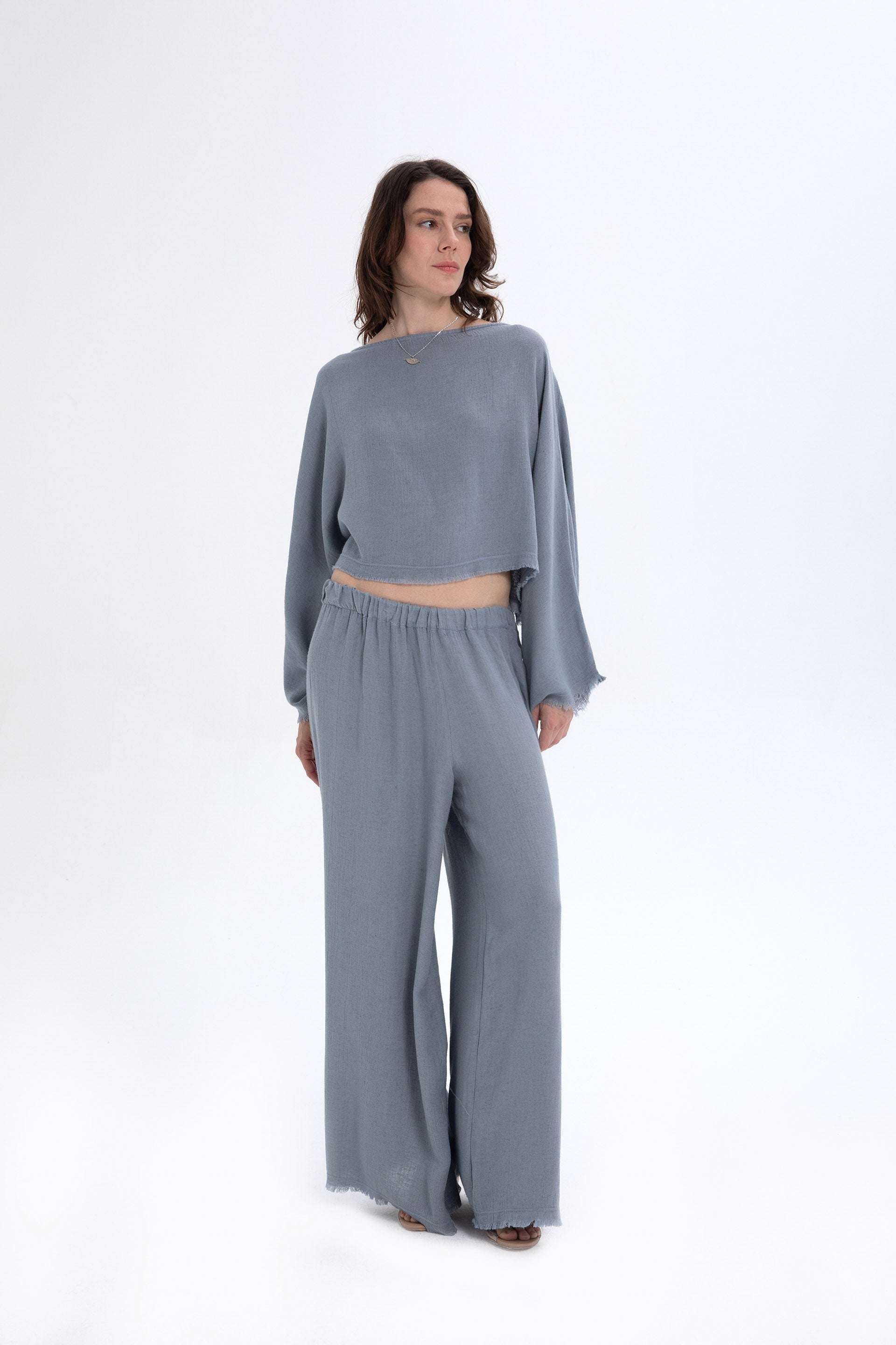 Natural Dokulu Rahat Kadın Pantolon #renk_Buz Mavi