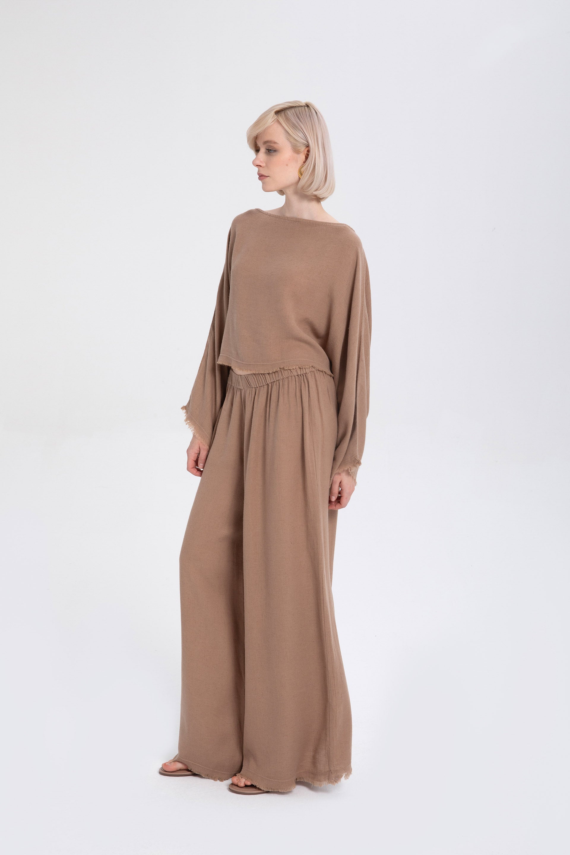 Natural Dokulu Rahat Kadın Pantolon #renk_Mocha