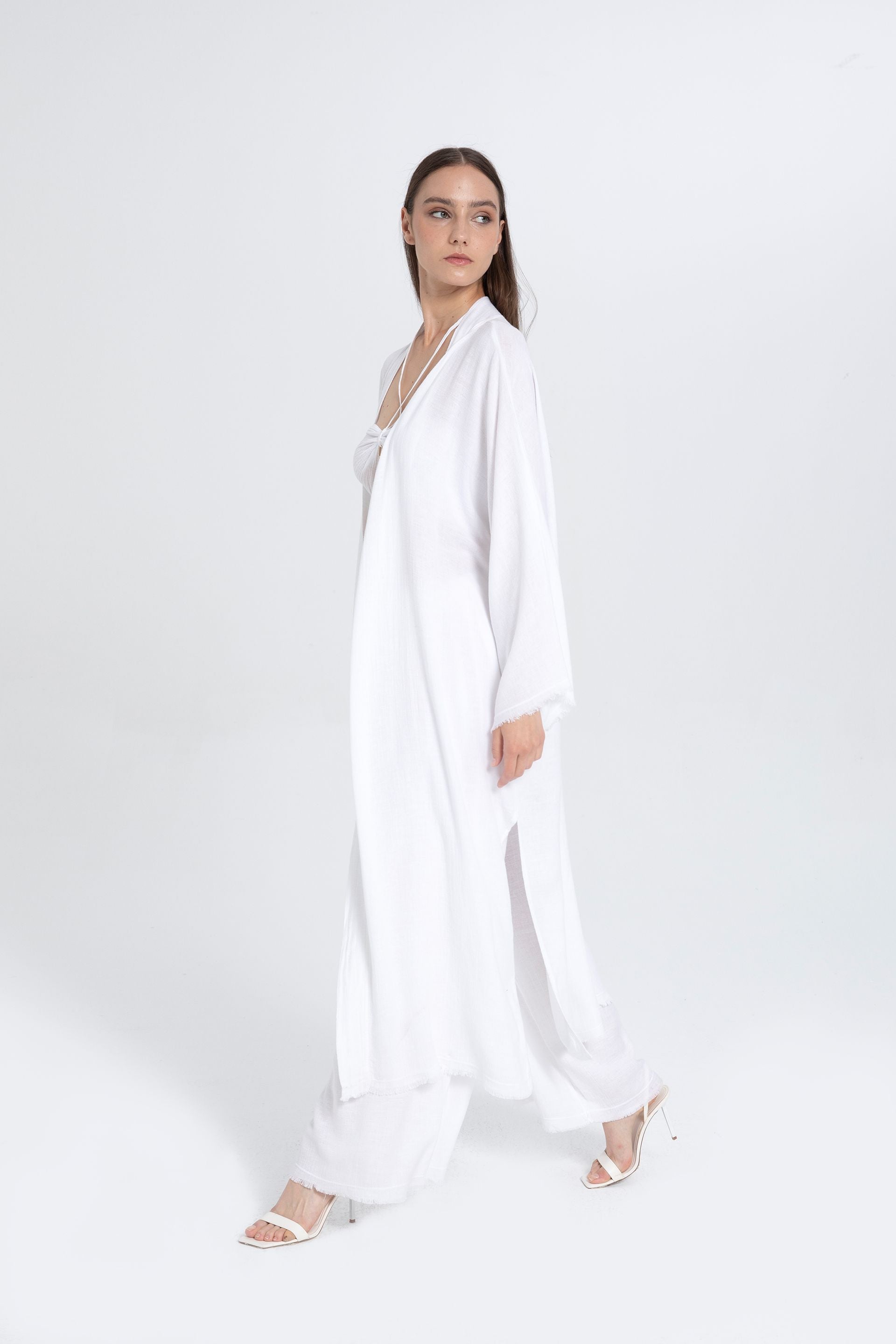 Natural Dokulu Oversize Kimono #renk_Beyaz