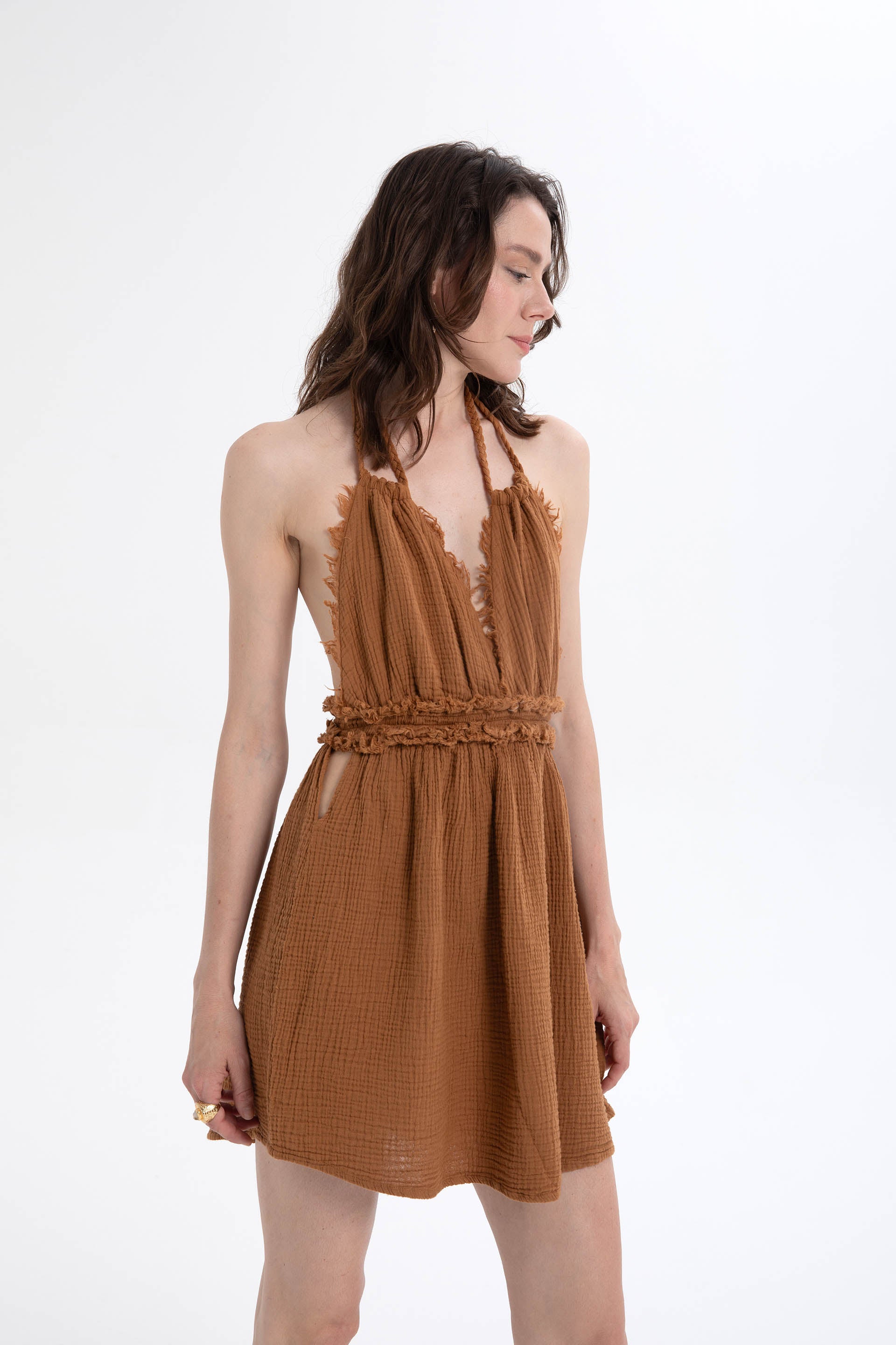 Müslin Sırtı Açık Mini Elbise #renk_Terra Cotta