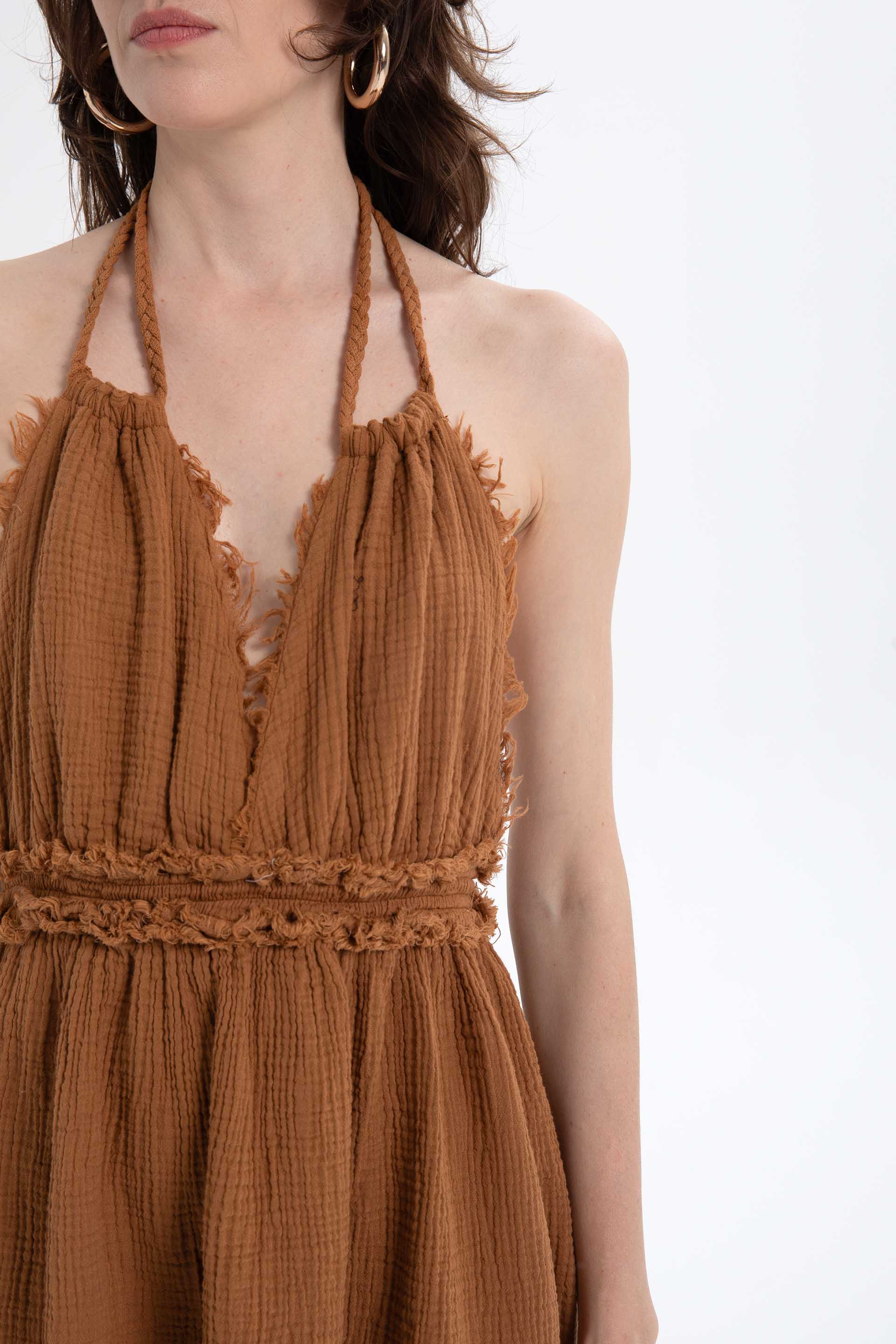 Müslin Sırtı Açık Mini Elbise #renk_Terra Cotta