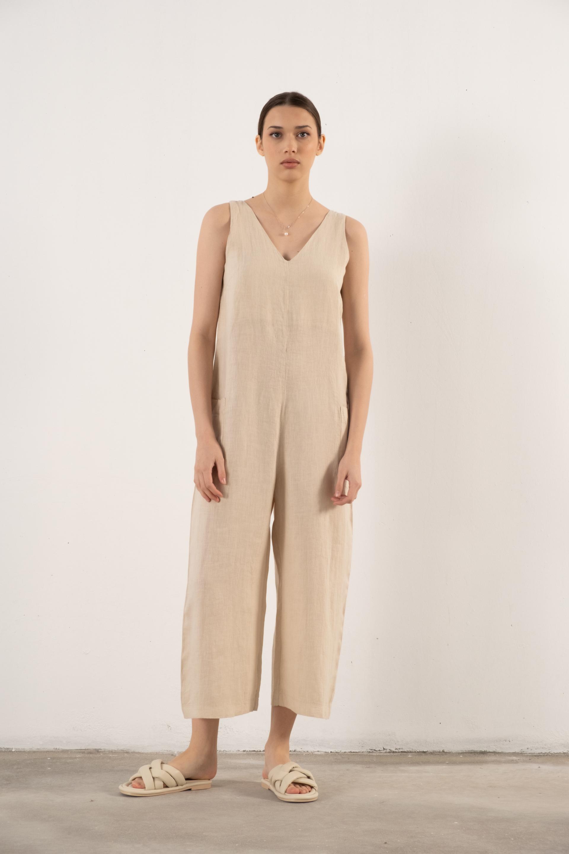 Saf Keten V Yaka Kadın Tulum #renk_Bej