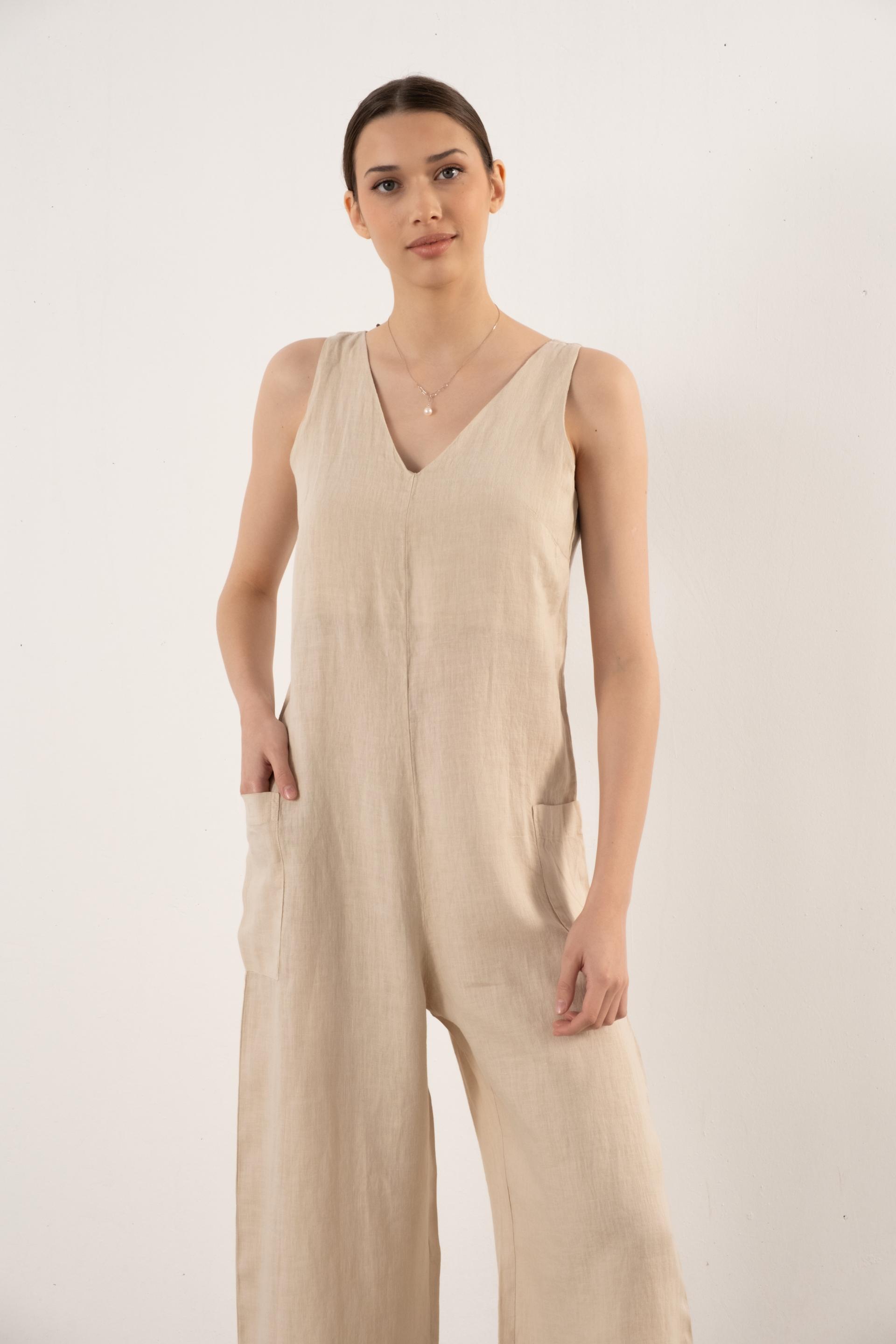 Saf Keten V Yaka Kadın Tulum #renk_Bej