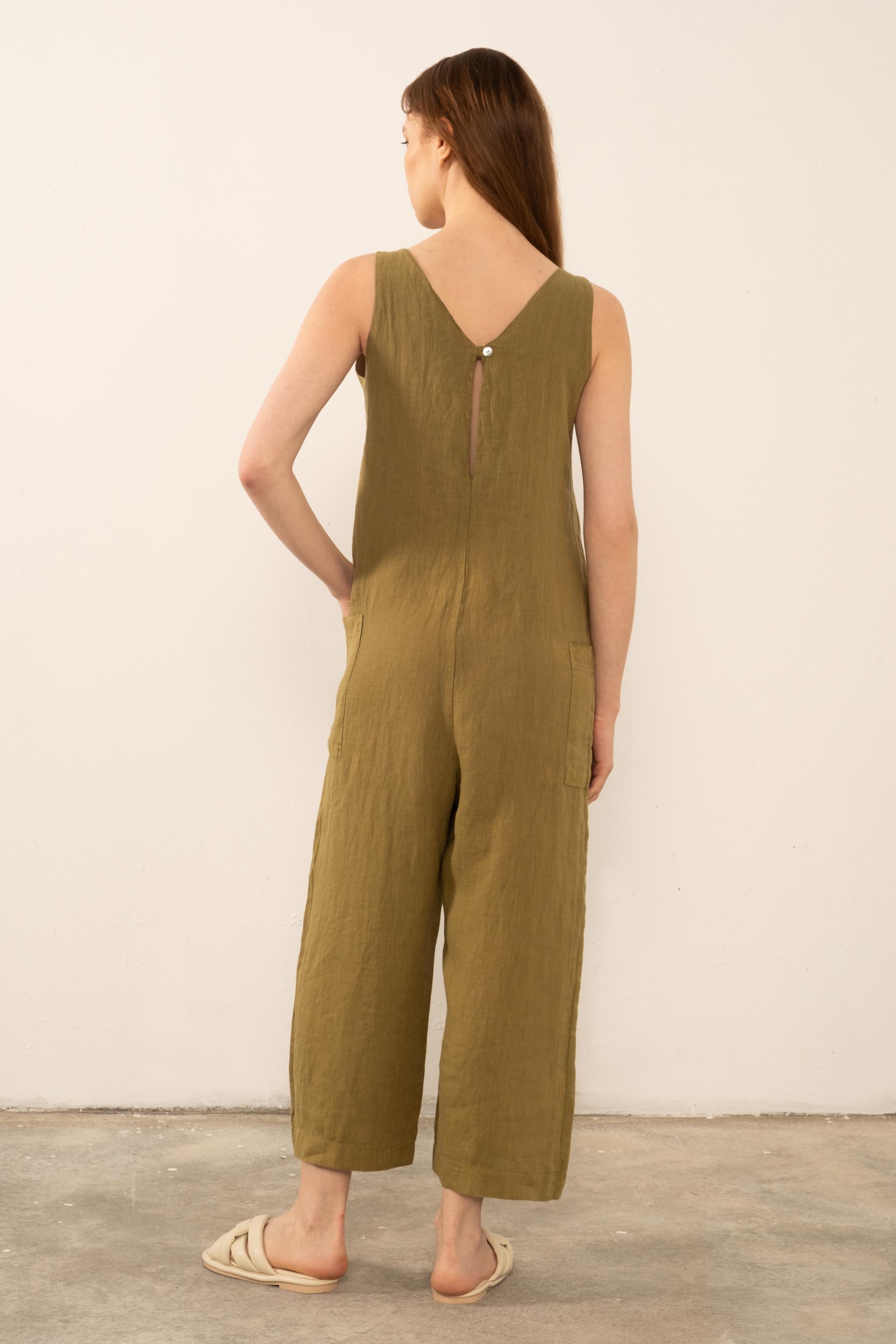 Saf Keten V Yaka Kadın Tulum #renk_Haki