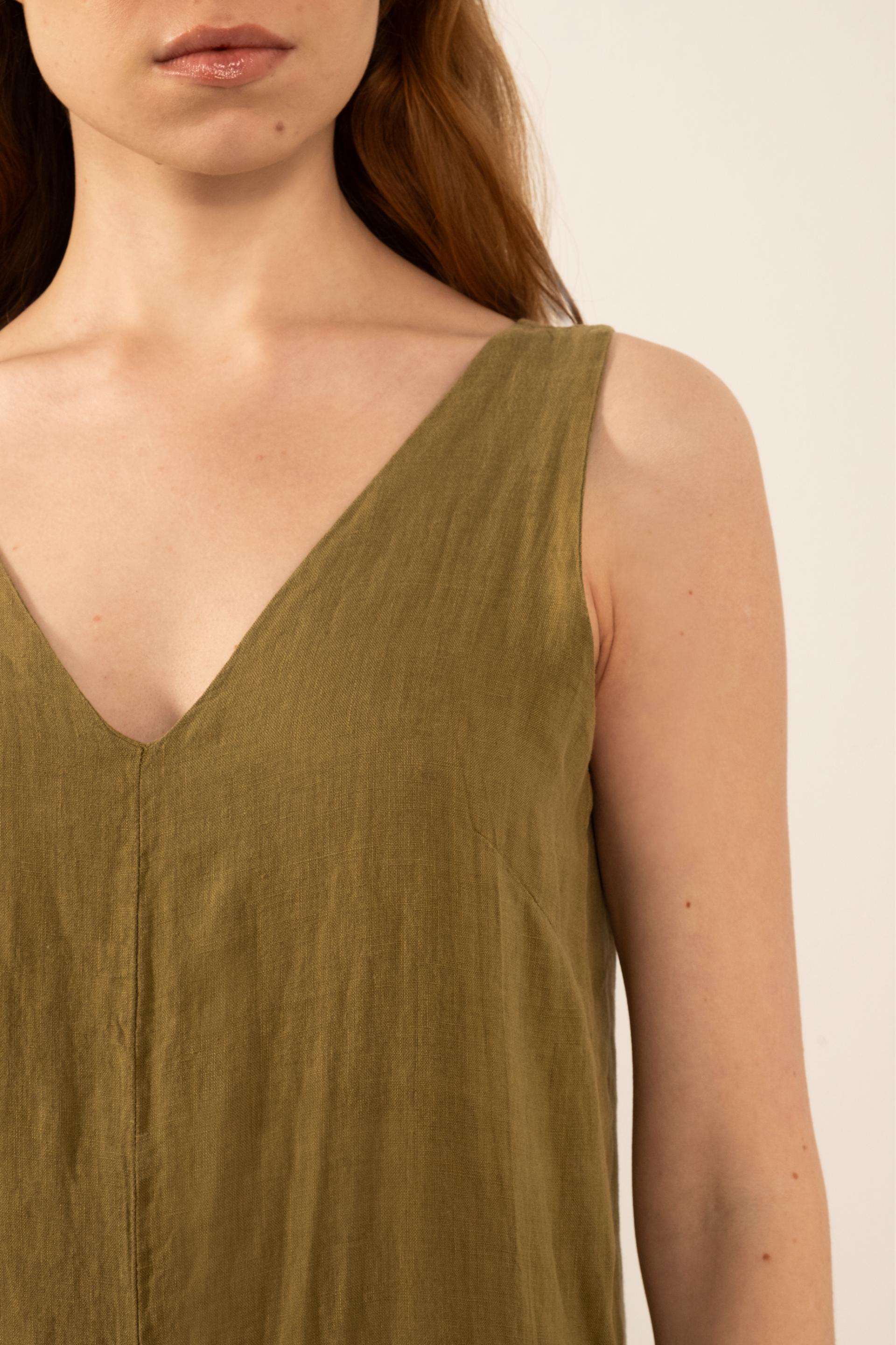 Saf Keten V Yaka Kadın Tulum #renk_Haki