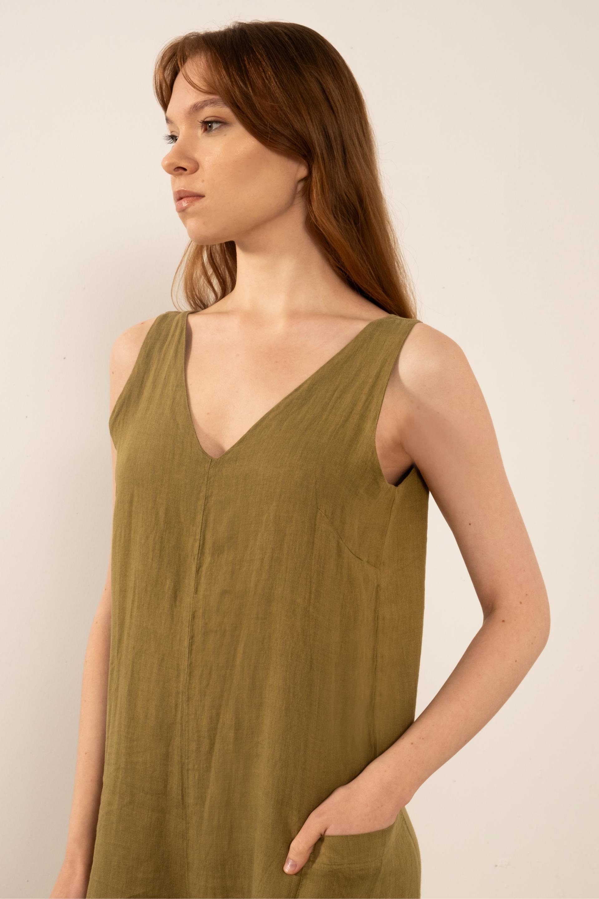 Saf Keten V Yaka Kadın Tulum #renk_Haki