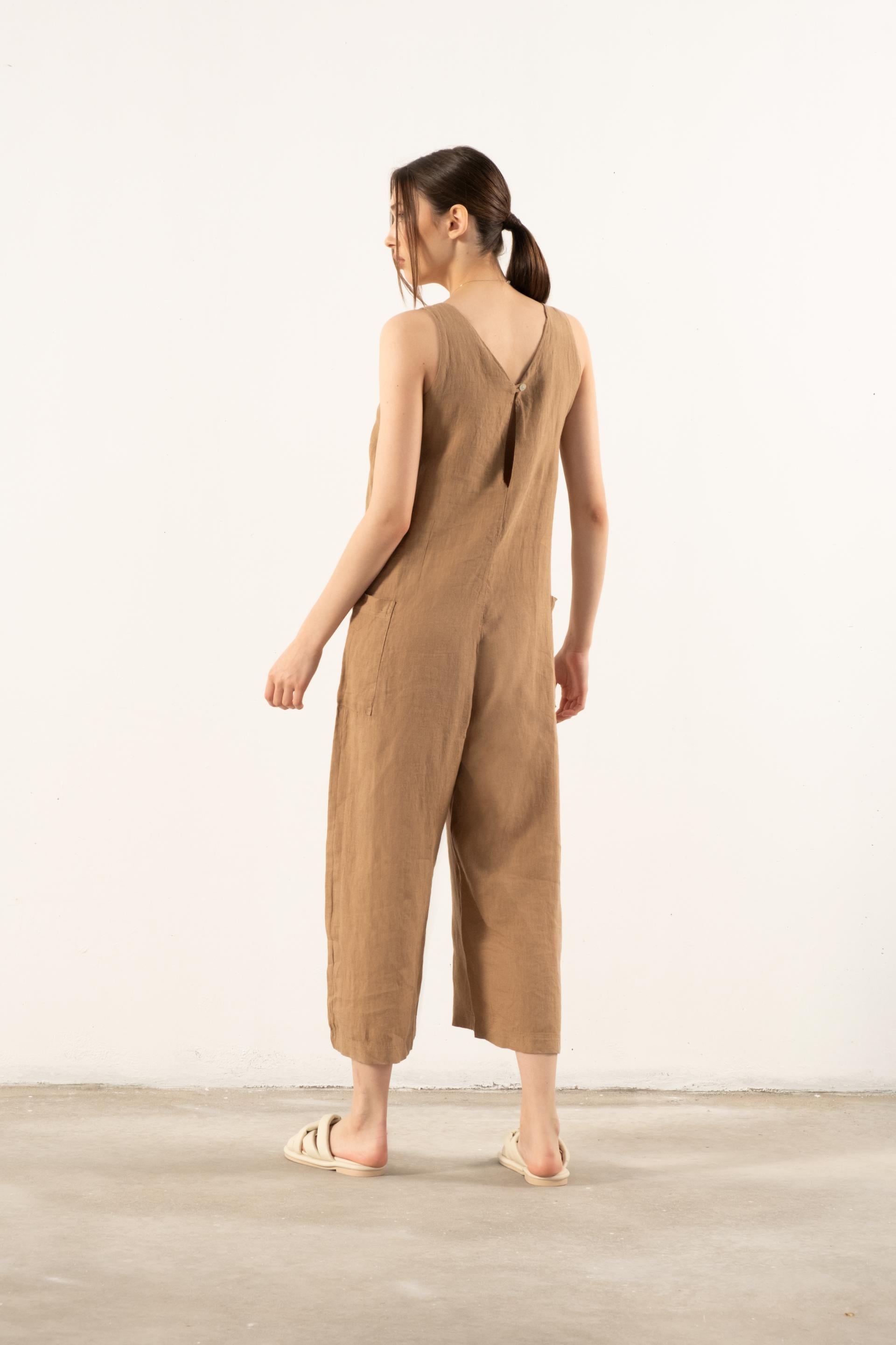 Saf Keten V Yaka Kadın Tulum #renk_Mint