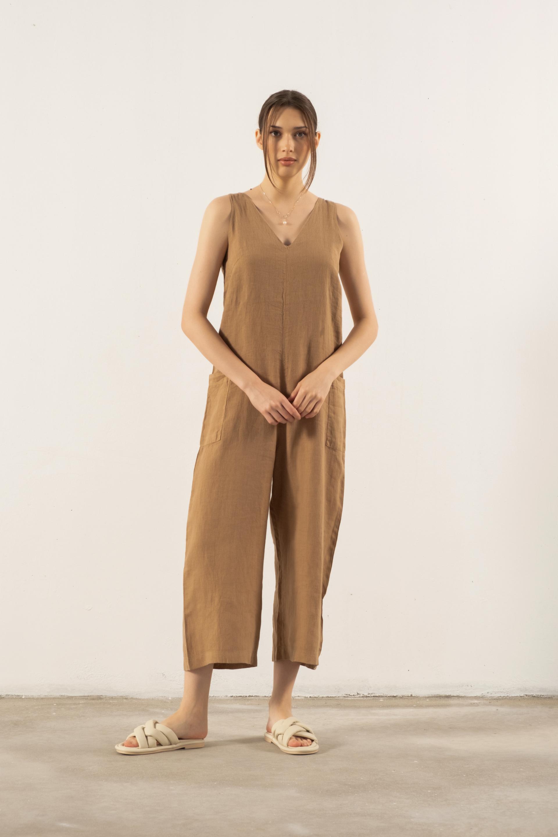 Saf Keten V Yaka Kadın Tulum #renk_Mint