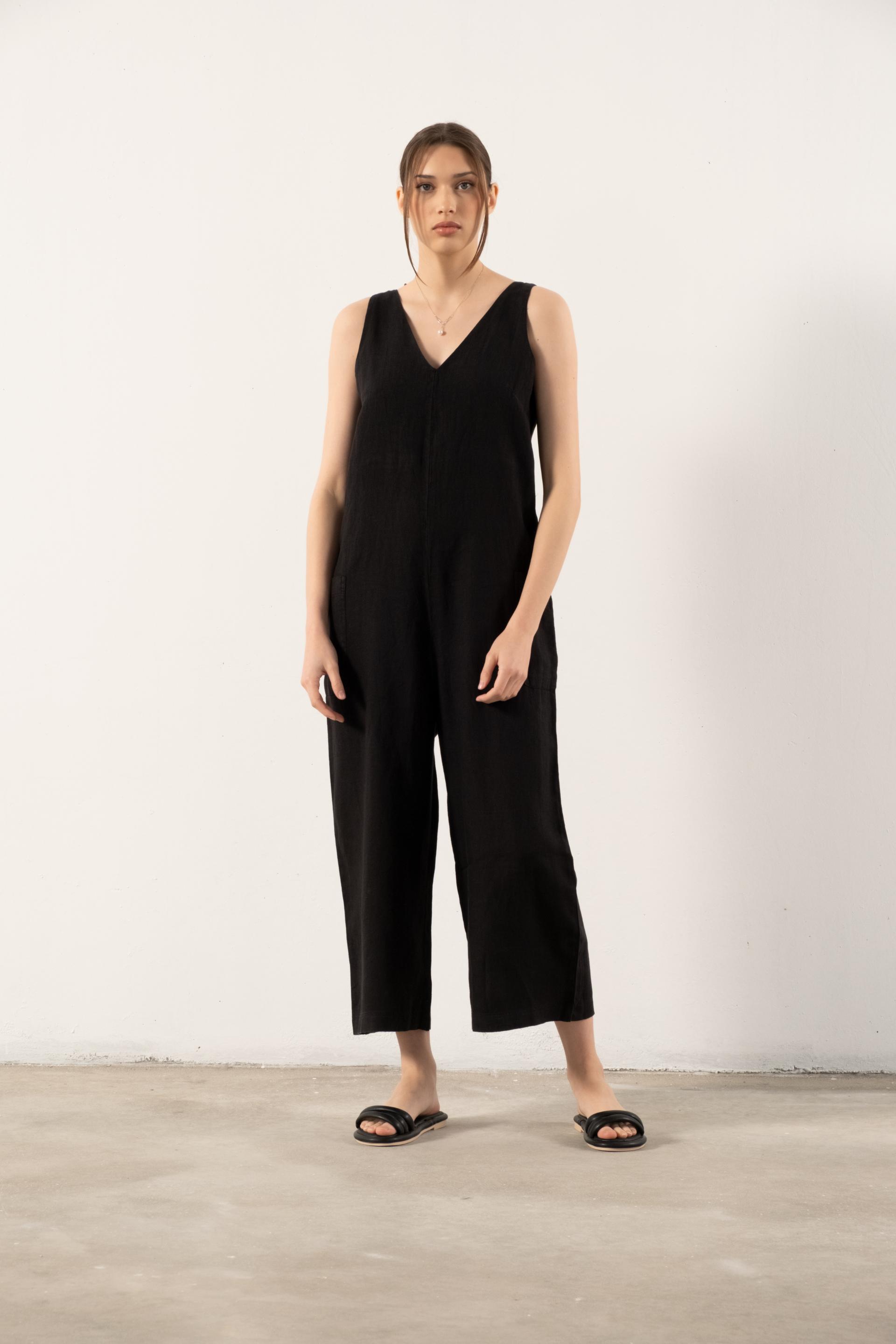 Saf Keten V Yaka Kadın Tulum #renk_Siyah