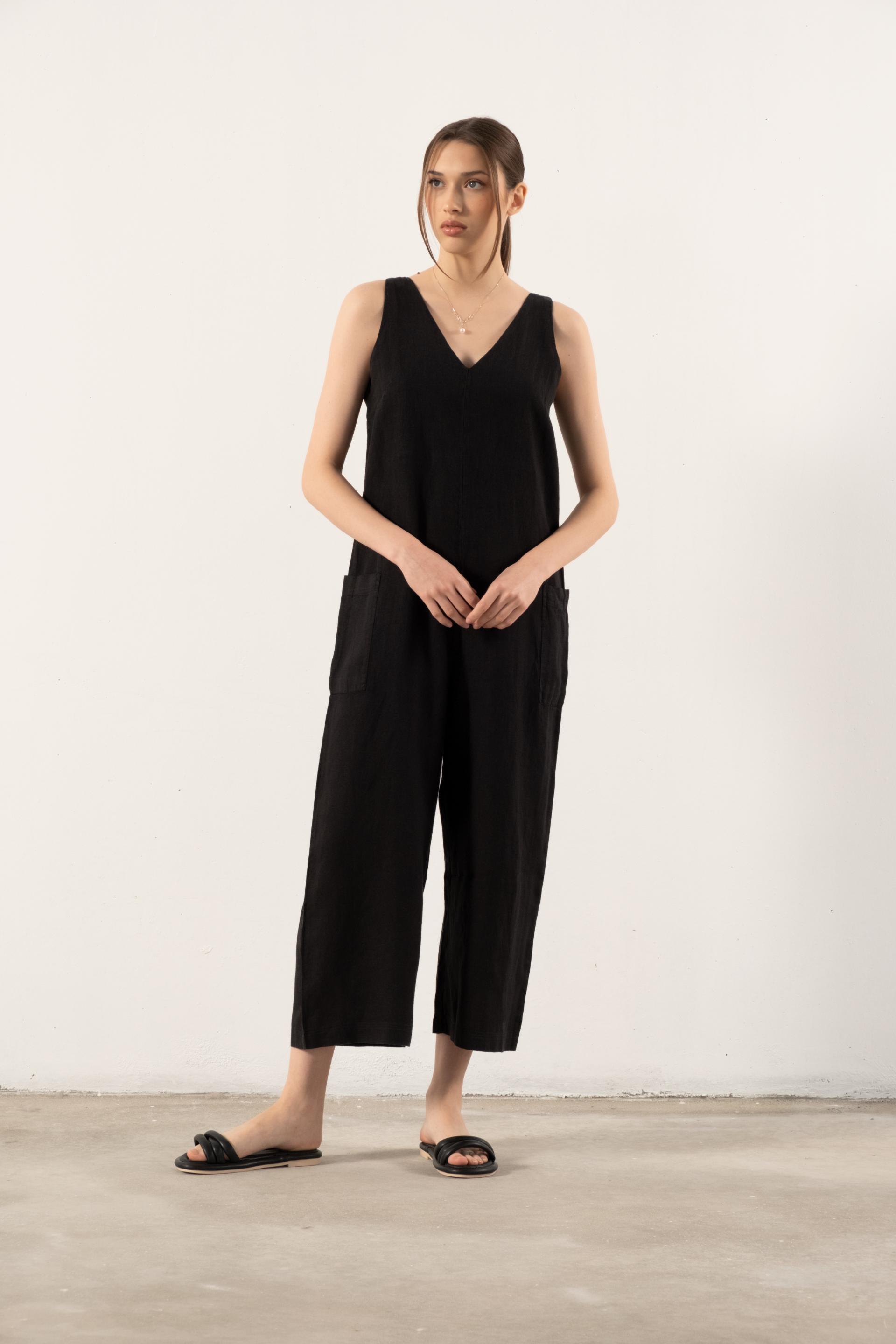 Saf Keten V Yaka Kadın Tulum #renk_Siyah