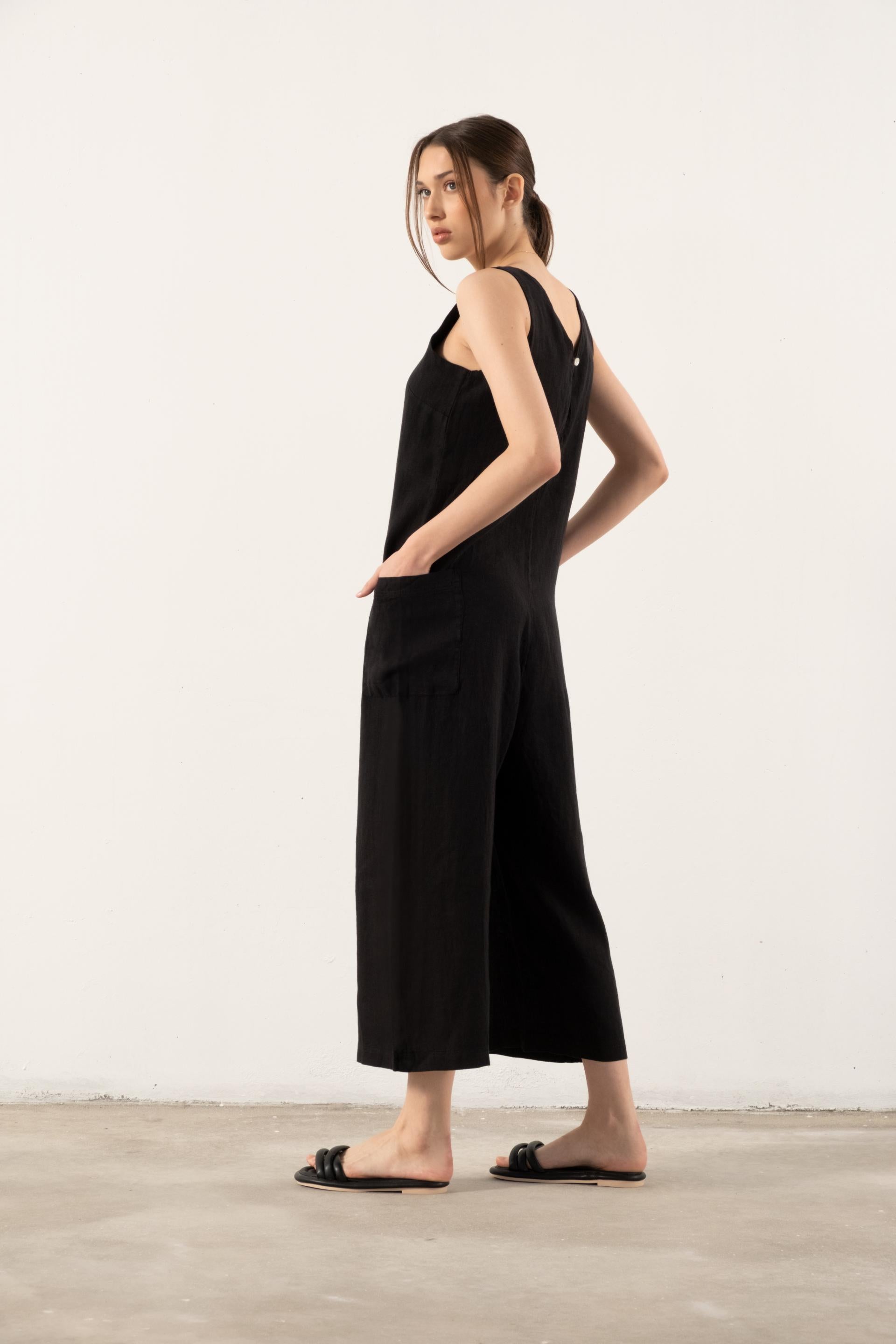 Saf Keten V Yaka Kadın Tulum #renk_Siyah