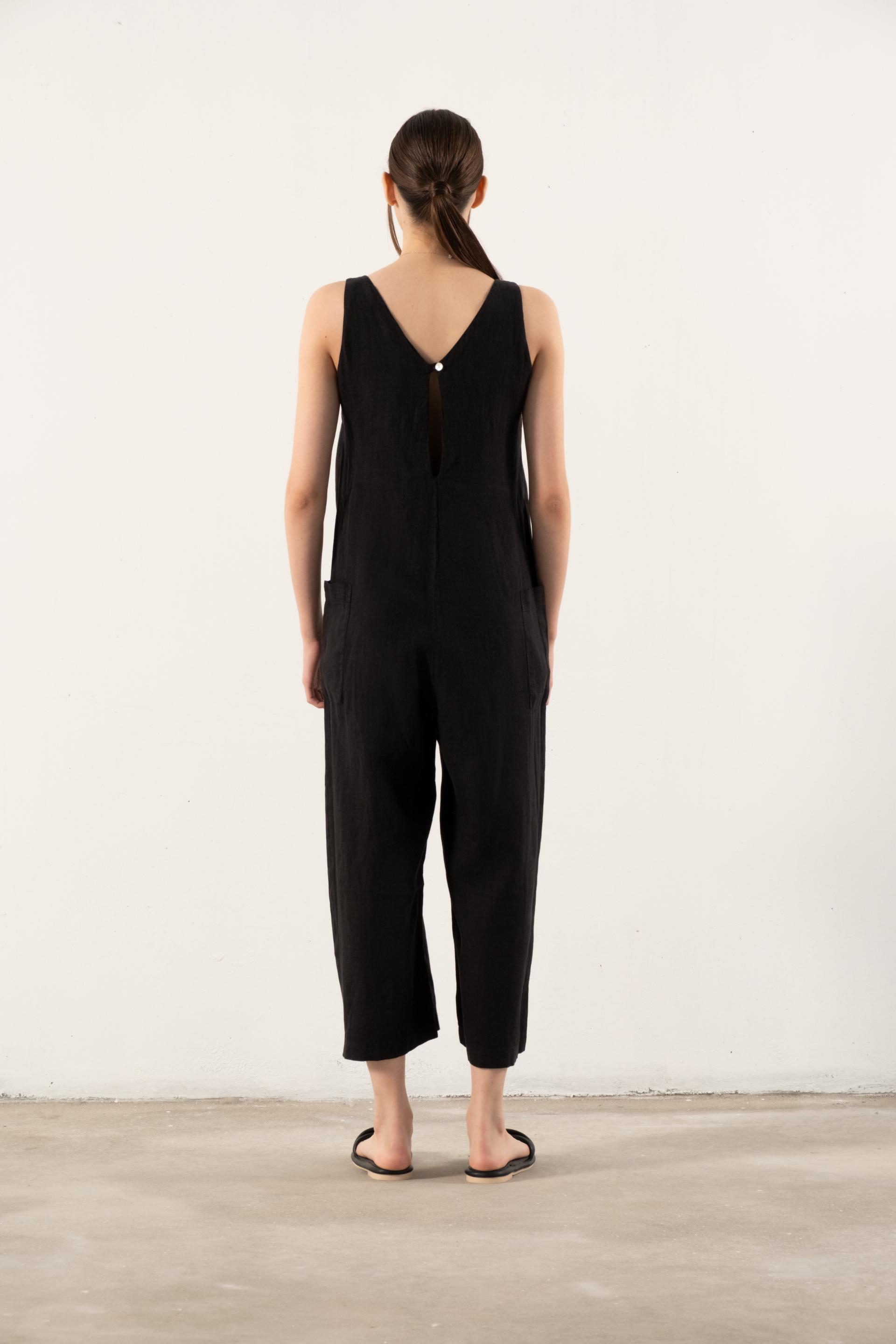 Saf Keten V Yaka Kadın Tulum #renk_Siyah