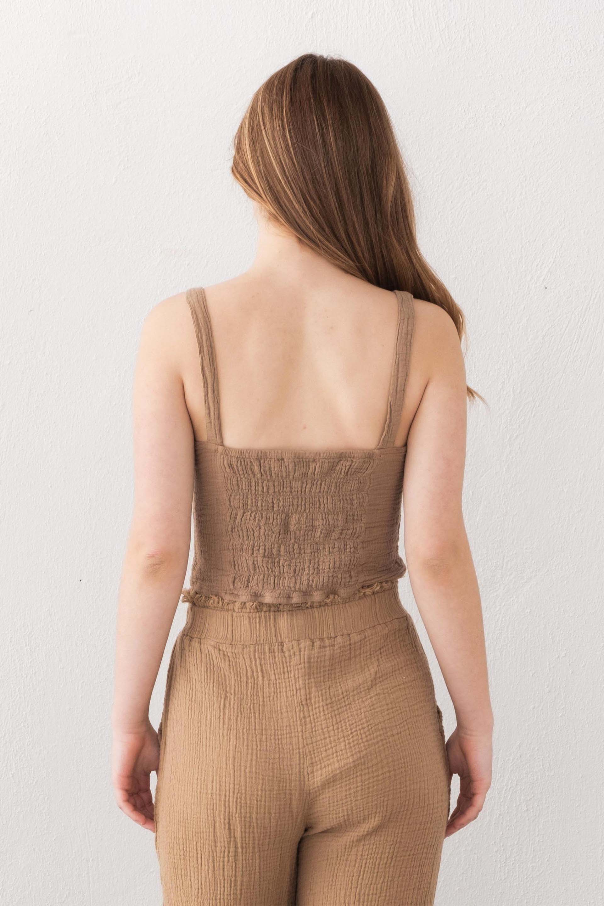 Arkası Gipeli Askılı Kadın Müslin Crop Top Sırt Detayı / Kahve #renk_Kahve