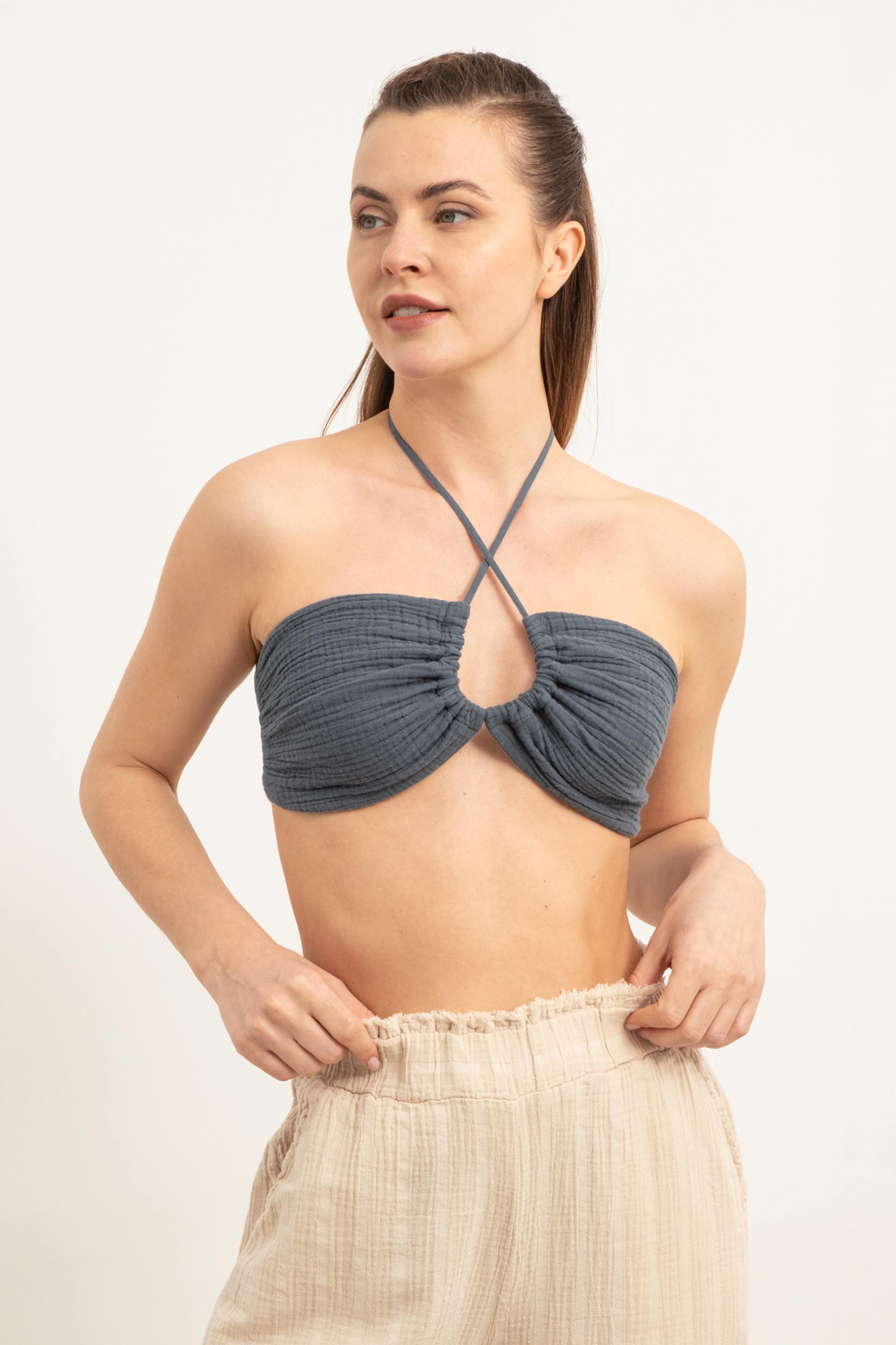 Müslin Önden Büzmeli Crop #renk_Petrol