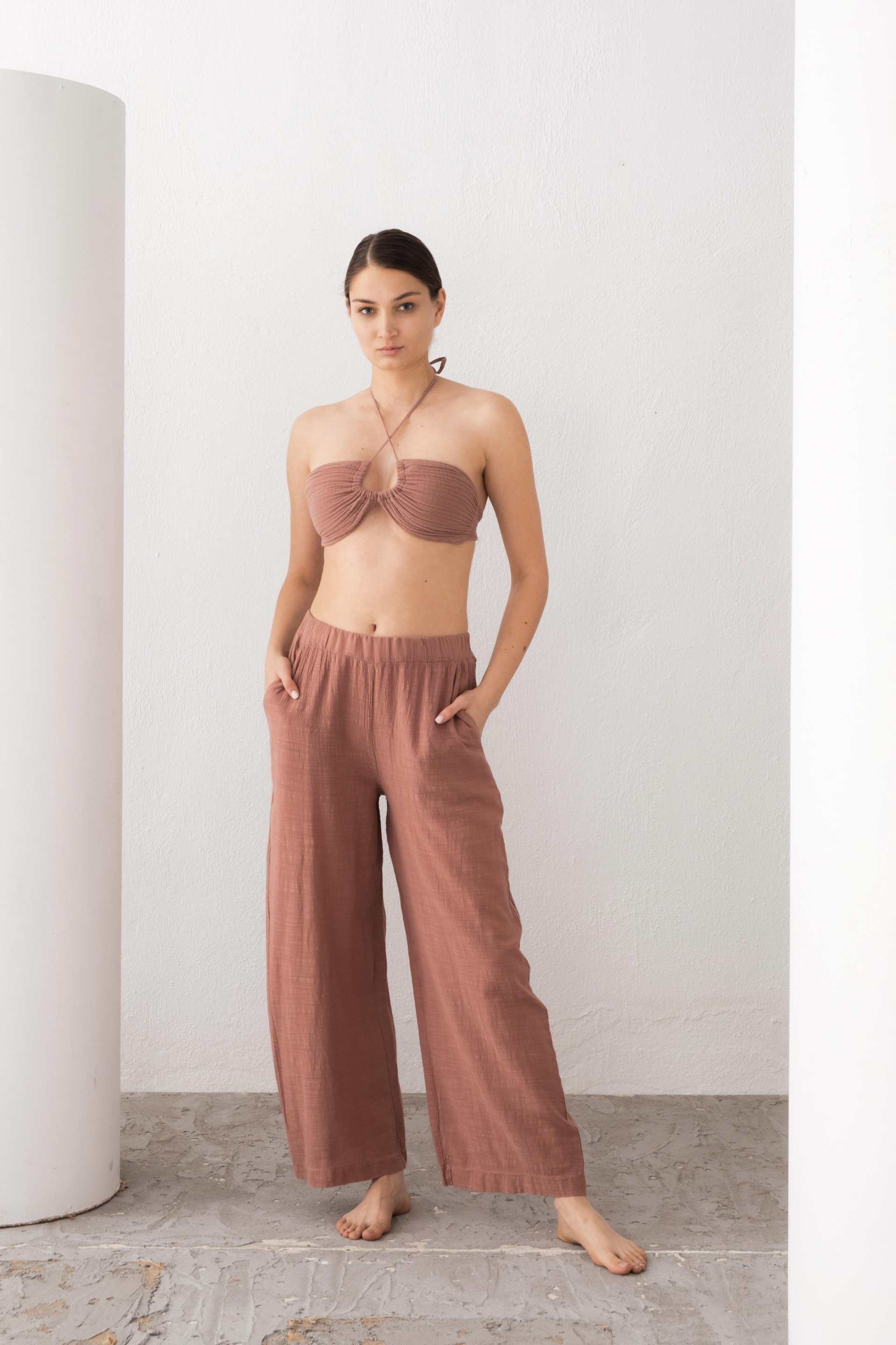 Müslin Önden Büzmeli Crop #renk_Gül Kurusu