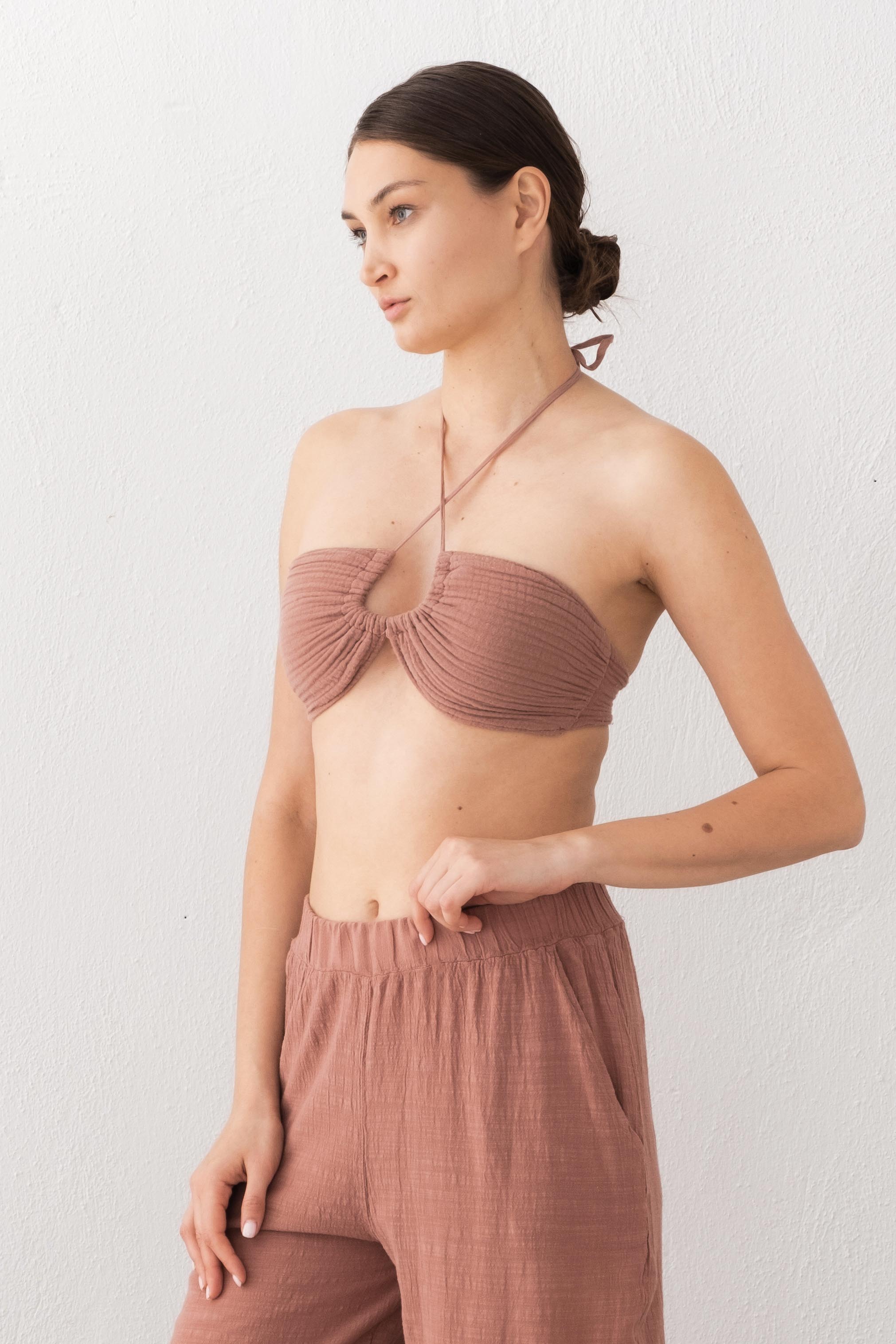 Müslin Önden Büzmeli Crop #renk_Gül Kurusu