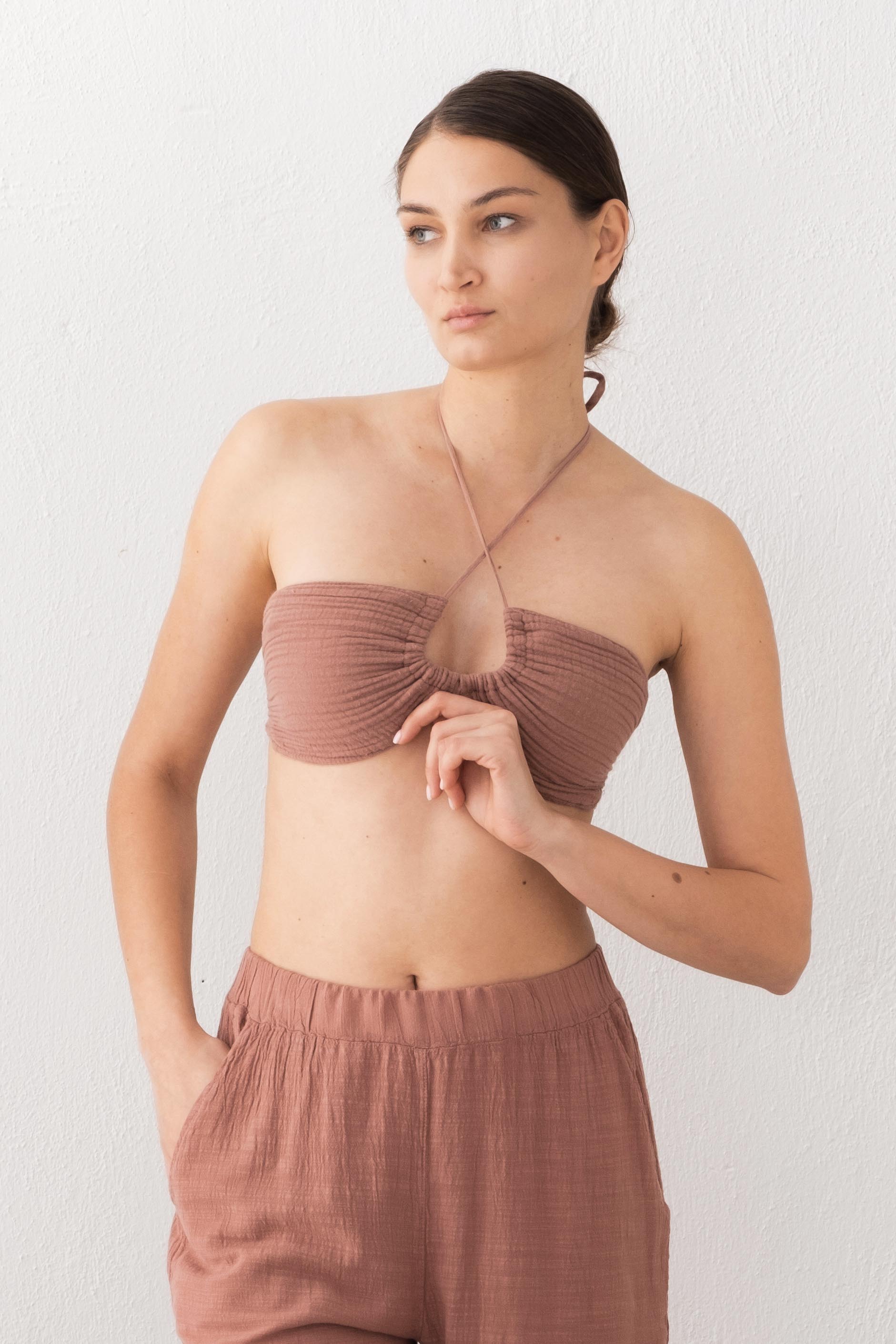 Müslin Önden Büzmeli Crop #renk_Gül Kurusu