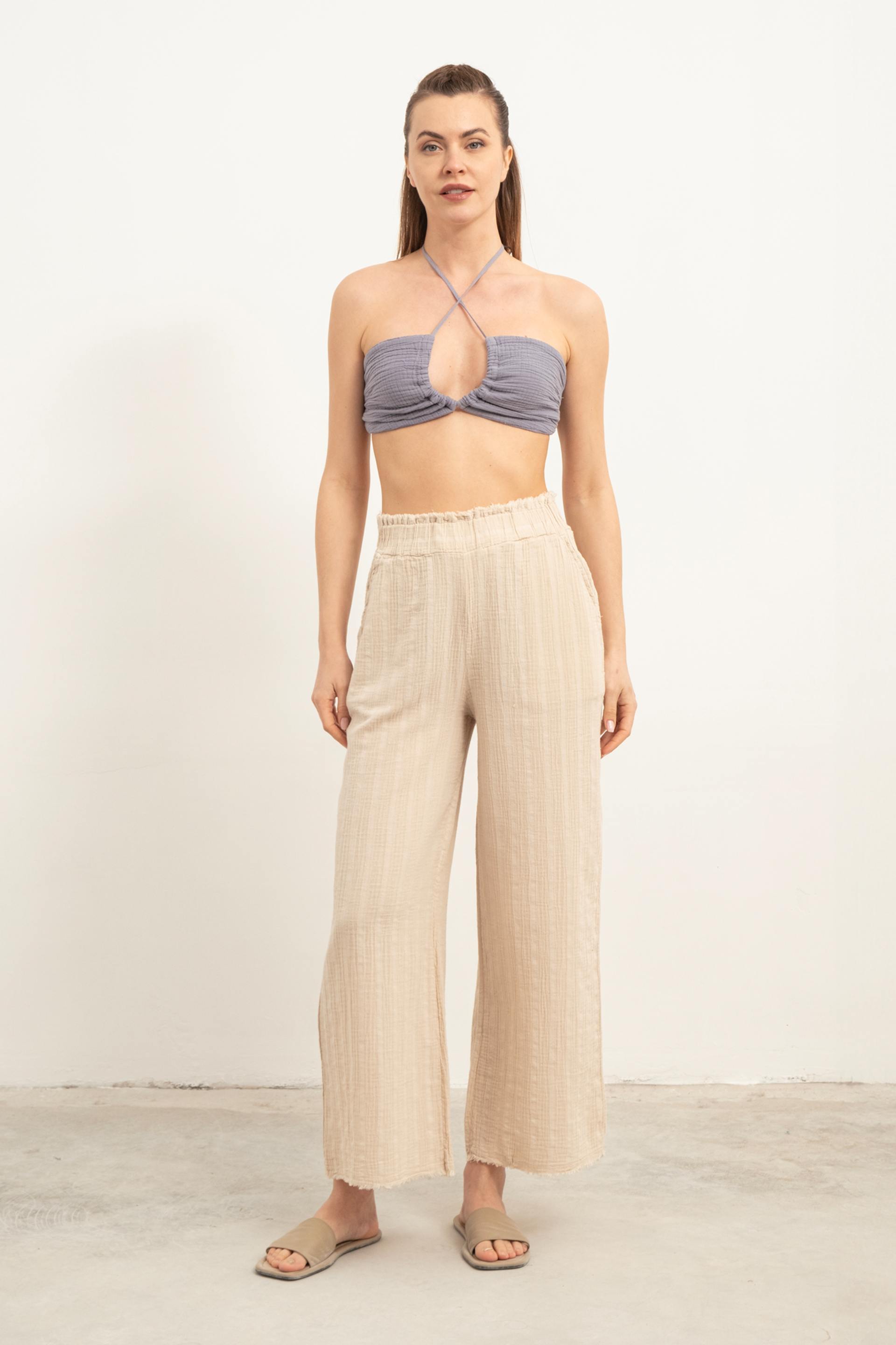 Müslin Önden Büzmeli Crop #renk_Lila